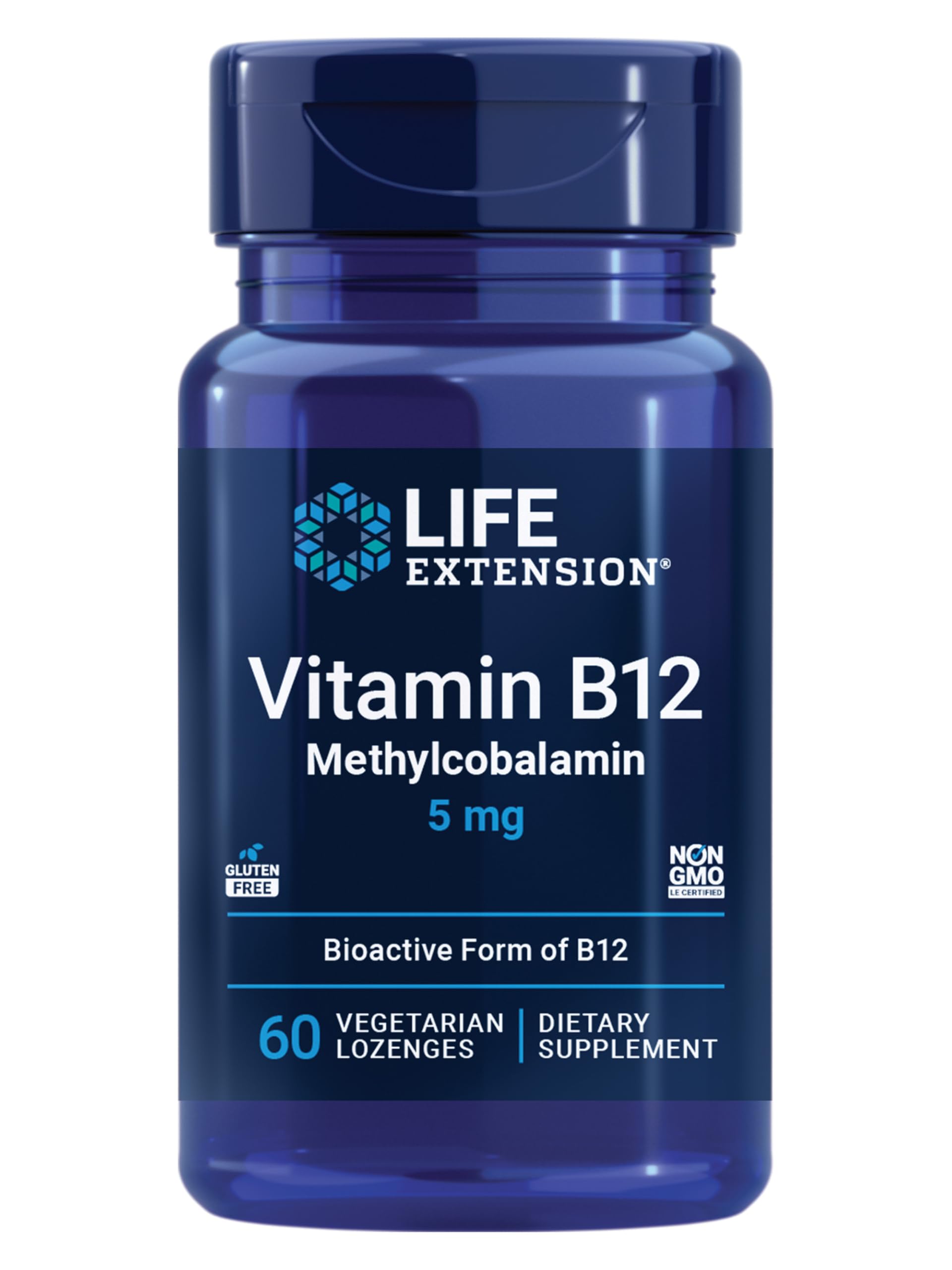 Life Extension envase frontal que muestra 60 pastillas y 5 mg B12