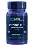Life Extension envase frontal que muestra 60 pastillas y 5 mg B12