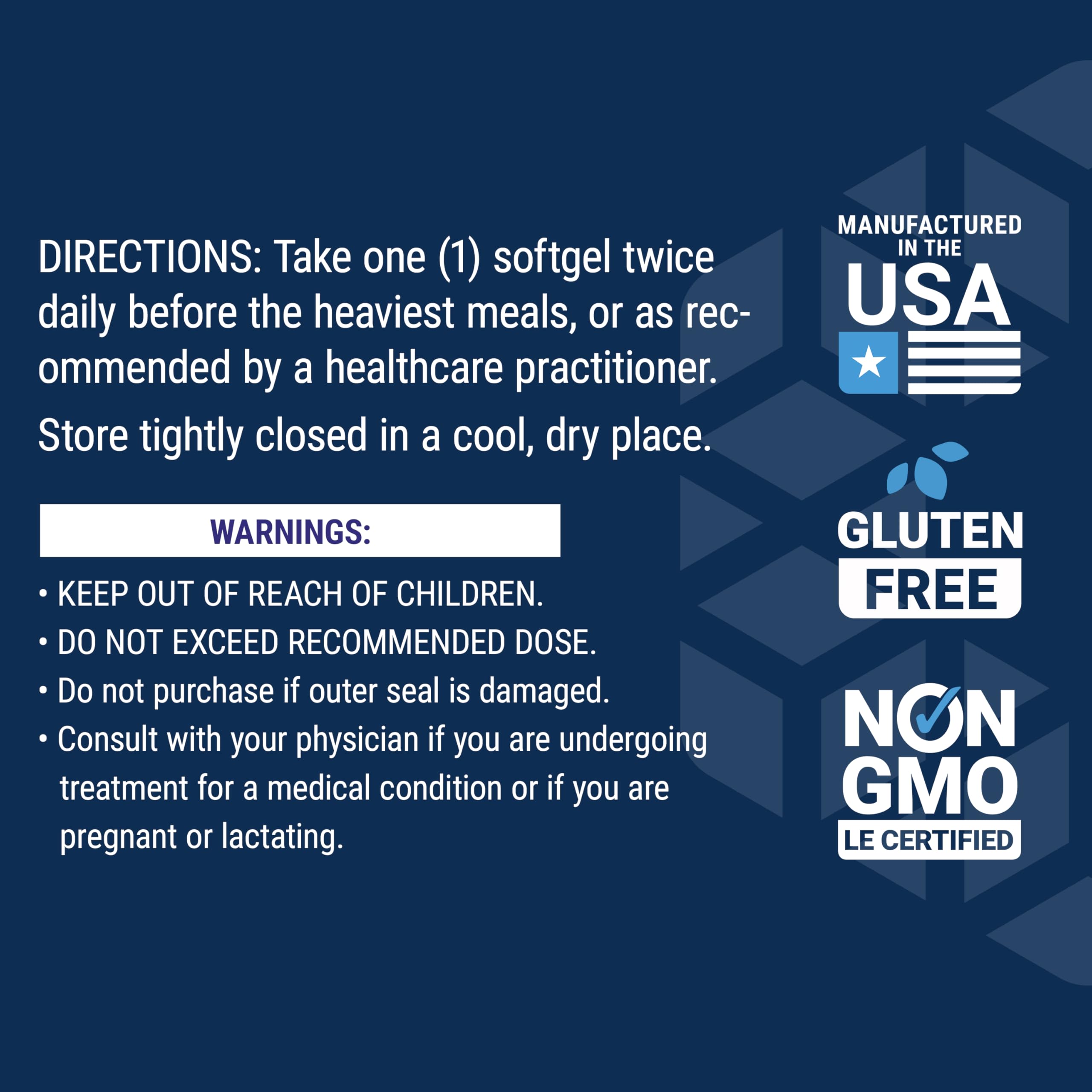 Life Extension lateral del envase mostrando sellos no-GMO y sin gluten