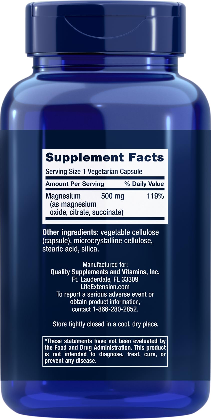Life Extension primer plano de una cápsula 500 mg mostrando textura y calidad