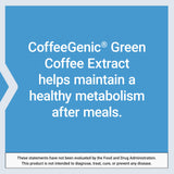 Life Extension CoffeeGenic® cápsula junto a plato indicando uso tras comidas copiosas