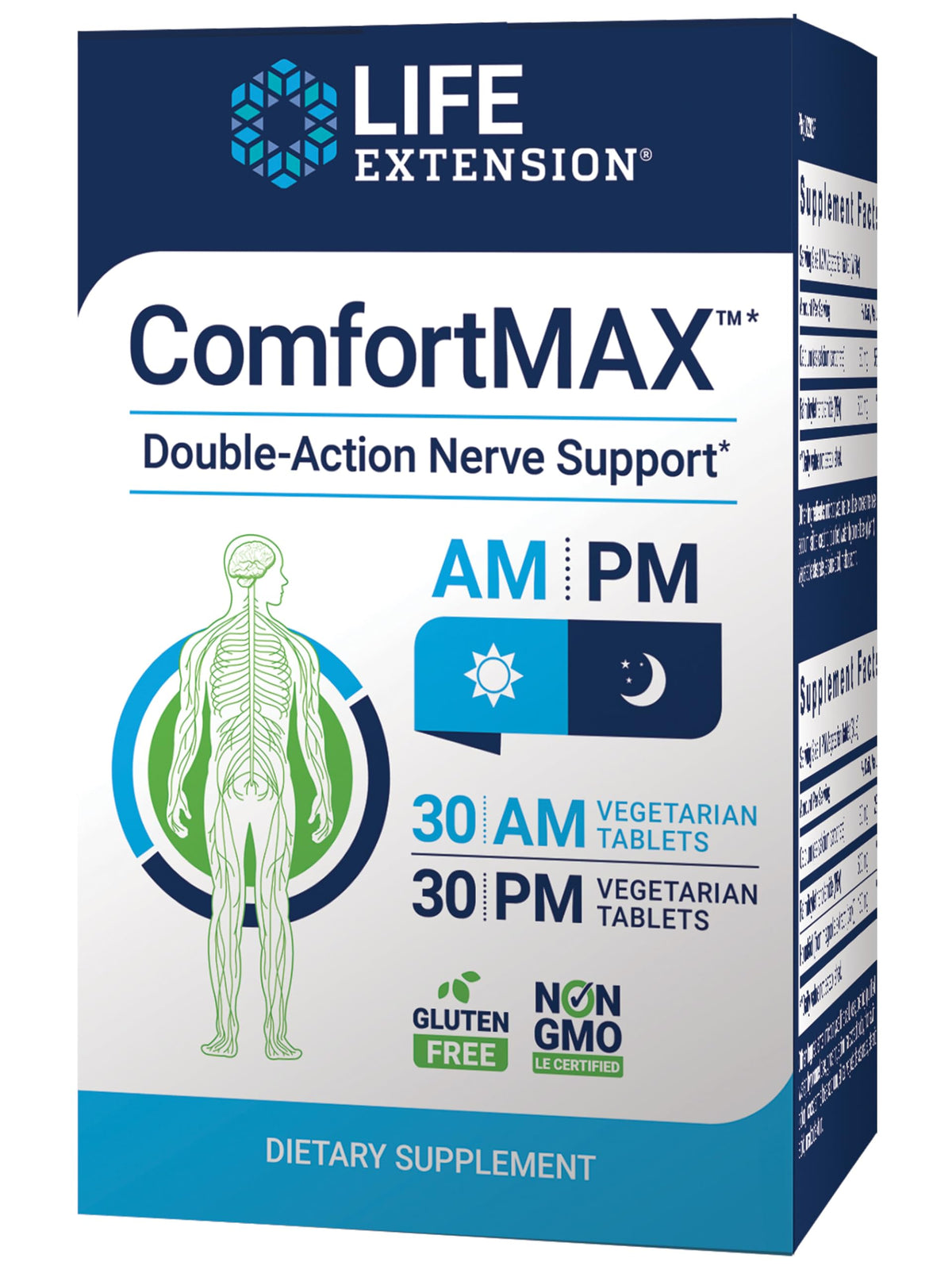 Life Extension frasco ComfortMAX™ frente con diseño claro y beneficios