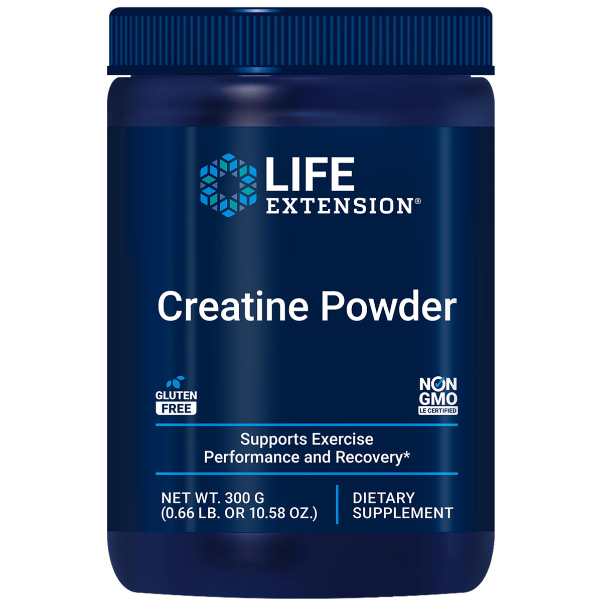 Life Extension frasco de creatina monohidrato mostrando el frente y beneficios