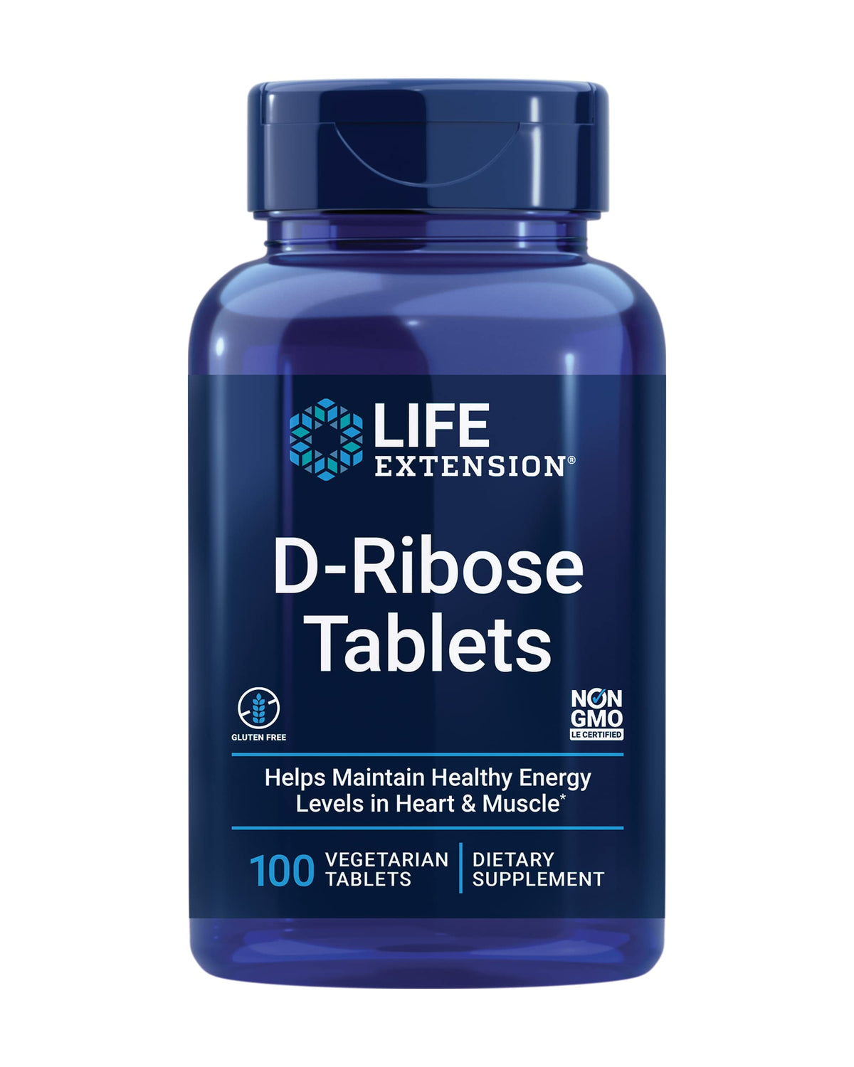 Life Extension bote frontal mostrando D-Ribose y beneficio energético