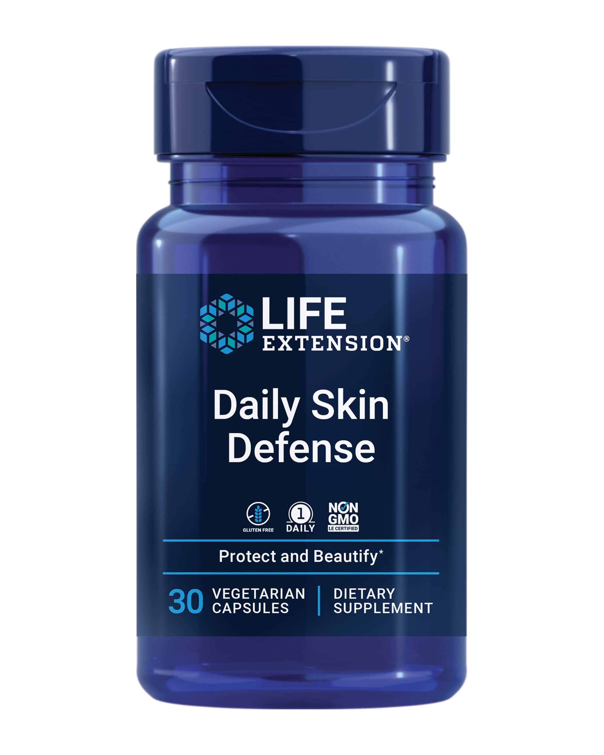 Life Extension frasco frente mostrando etiqueta y beneficio para la piel
