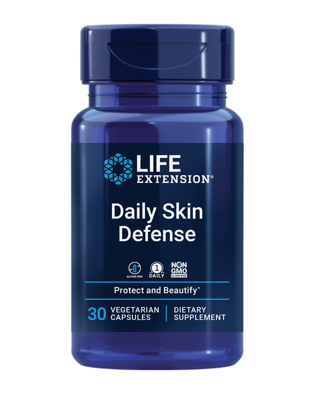 Life Extension frasco frente mostrando etiqueta y beneficio para la piel