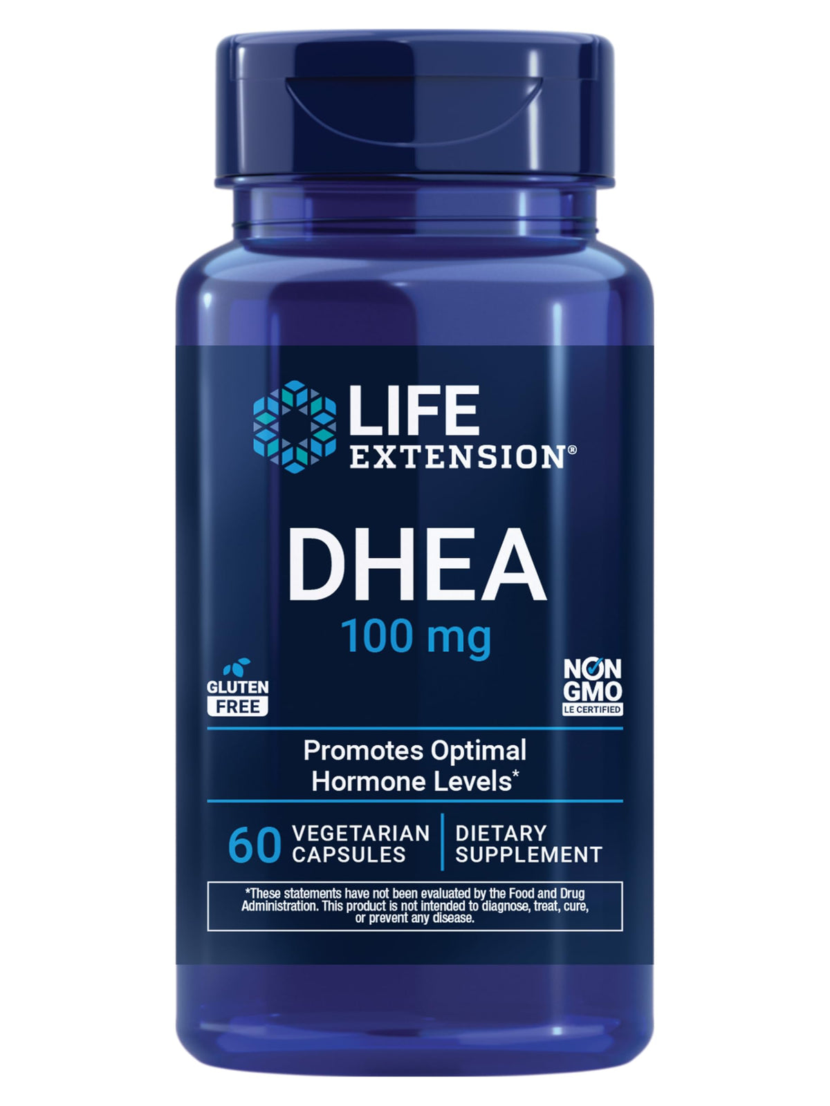 Life Extension envase frontal con DHEA 100 mg mostrando presentación clara