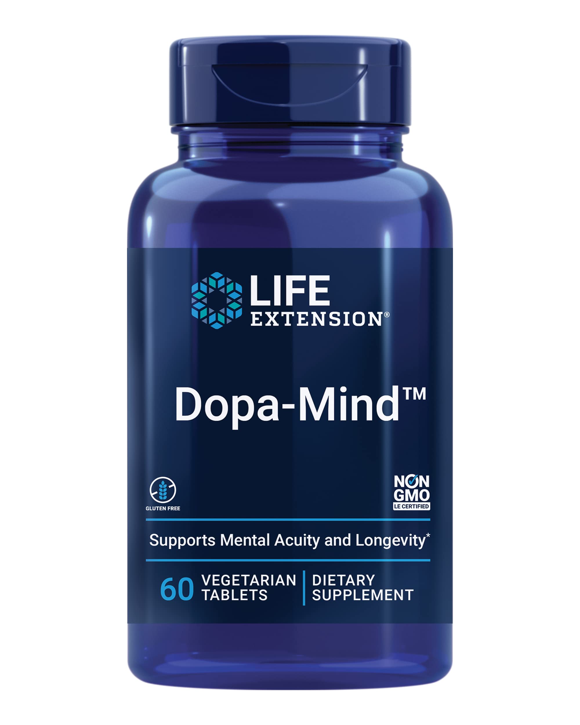 Life Extension frasco Dopa-Mind frente, presentación clara y confianza