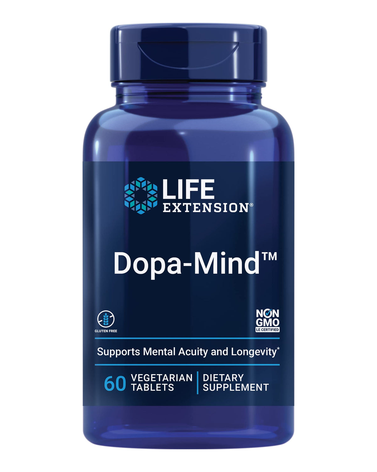 Life Extension frasco Dopa-Mind frente, presentación clara y confianza