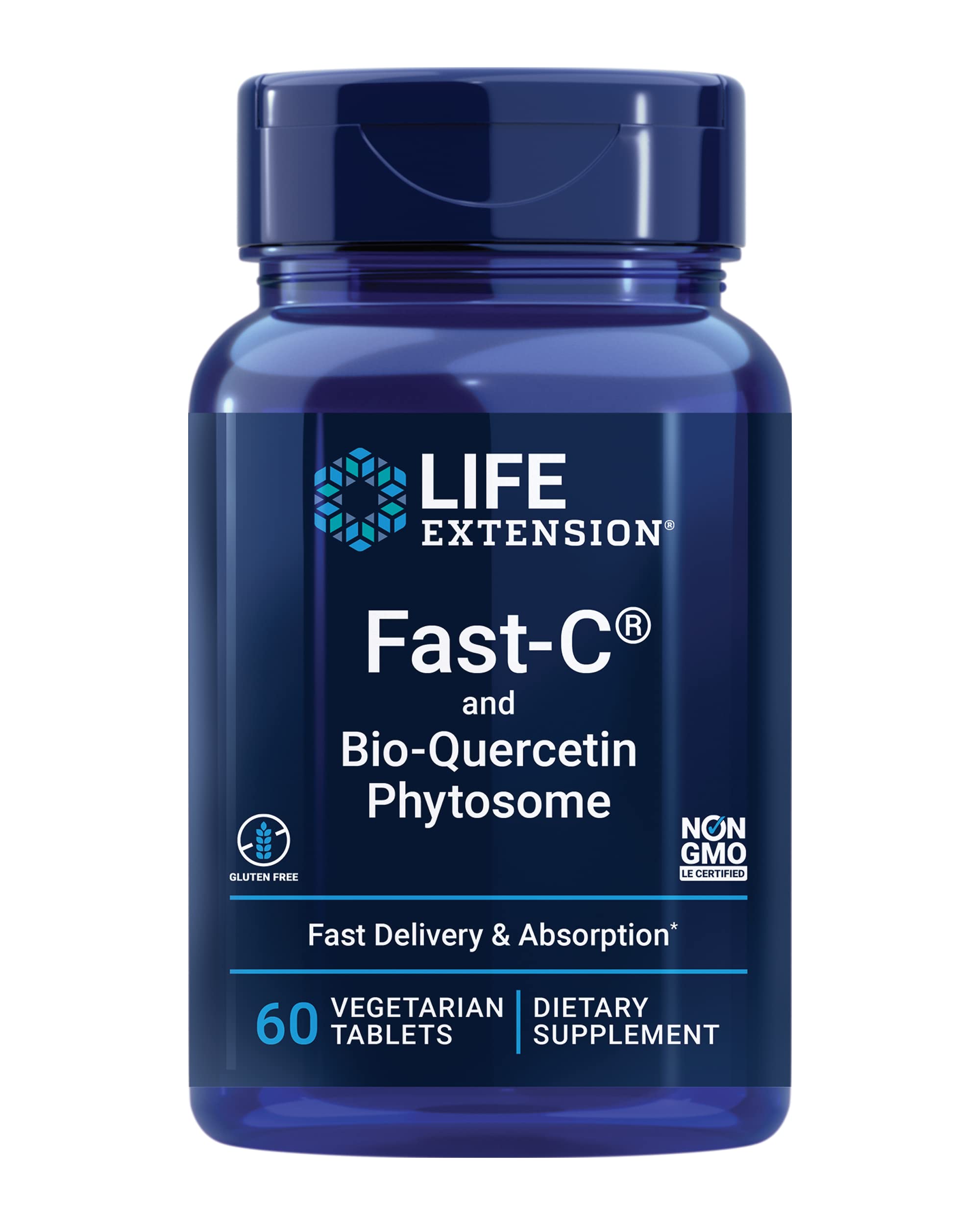 Life Extension envase frontal de Fast-C® y Bio-Quercetin® mostrando presentación