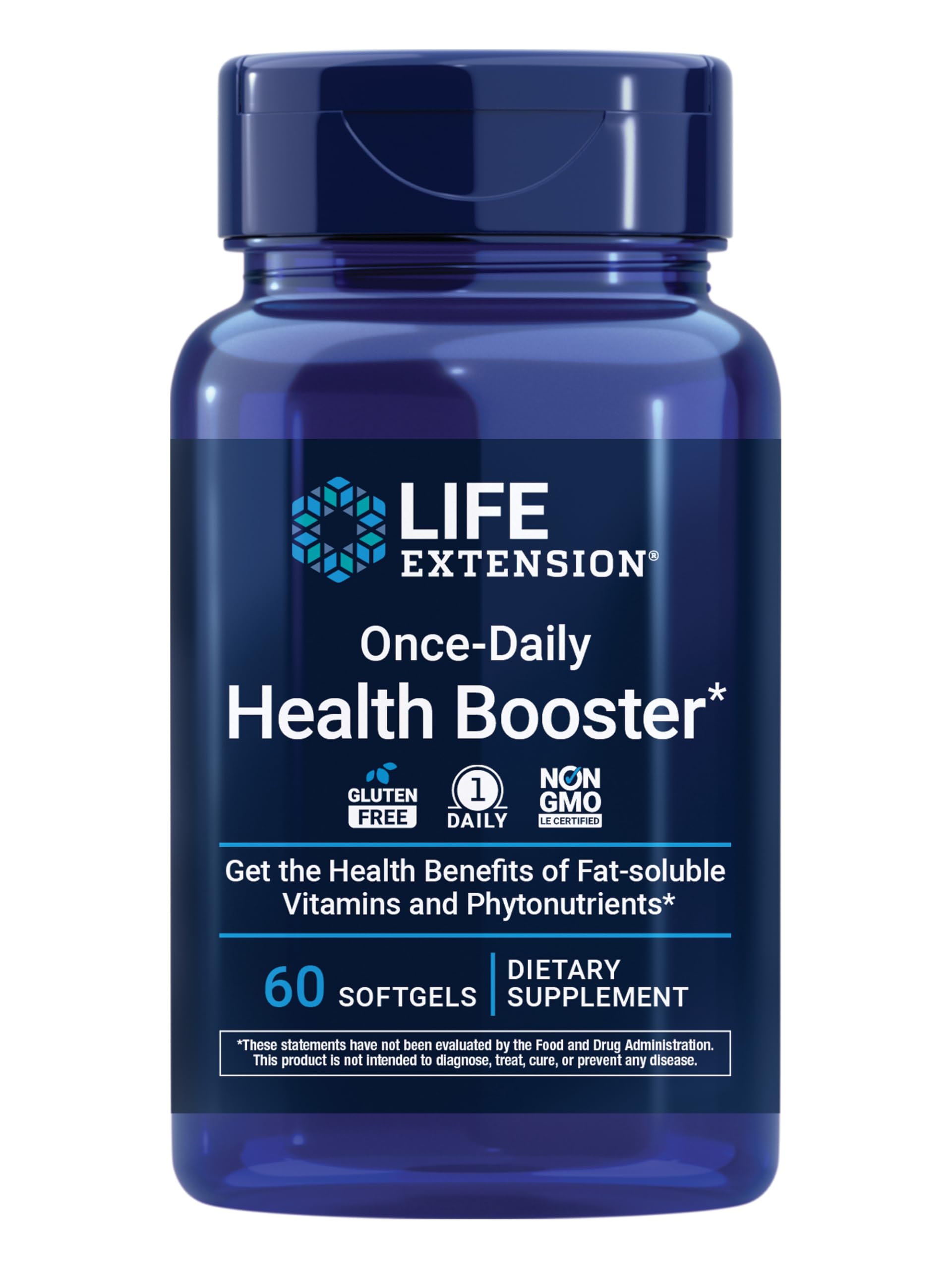 Life Extension envase frontal mostrando 60 softgels y beneficio de suplemento diario