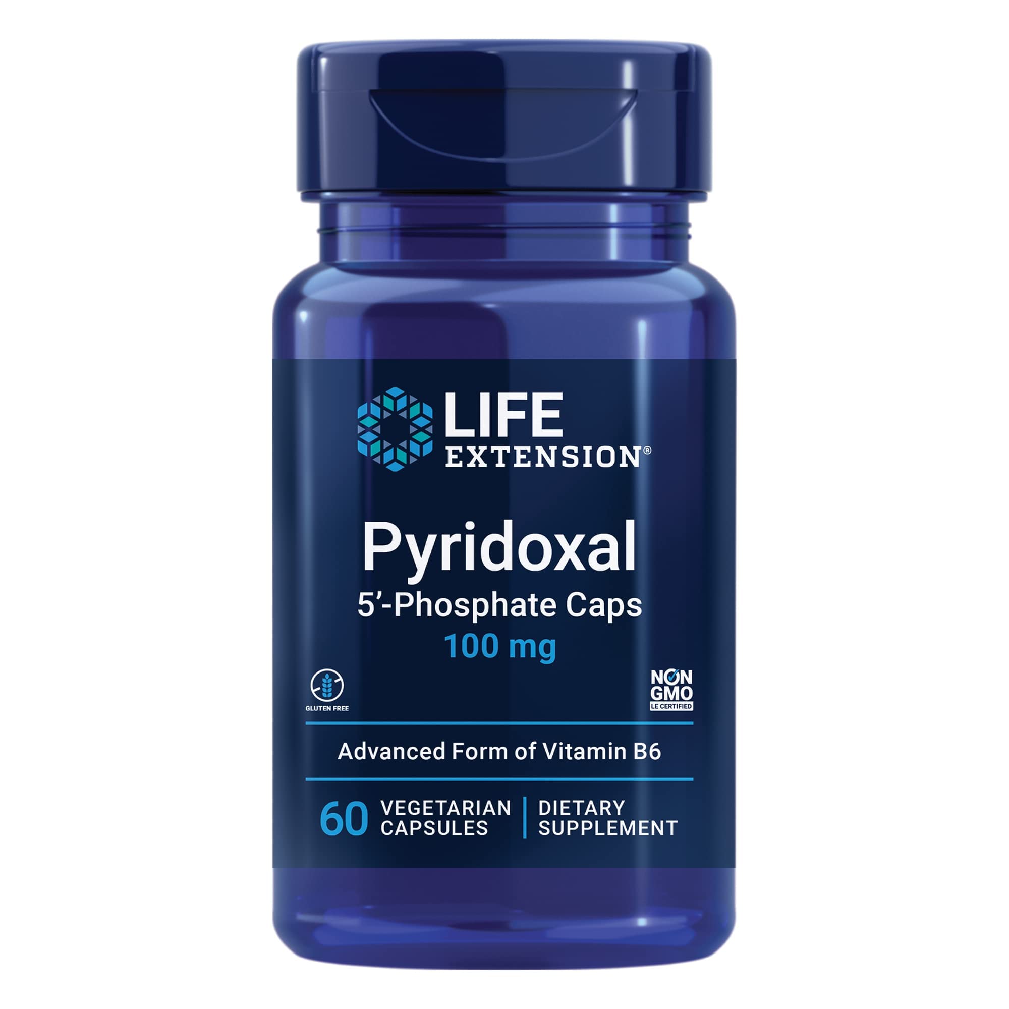 Life Extension envase frontal de Pyridoxal 5'-Phosphate mostrando dosis clara y beneficio