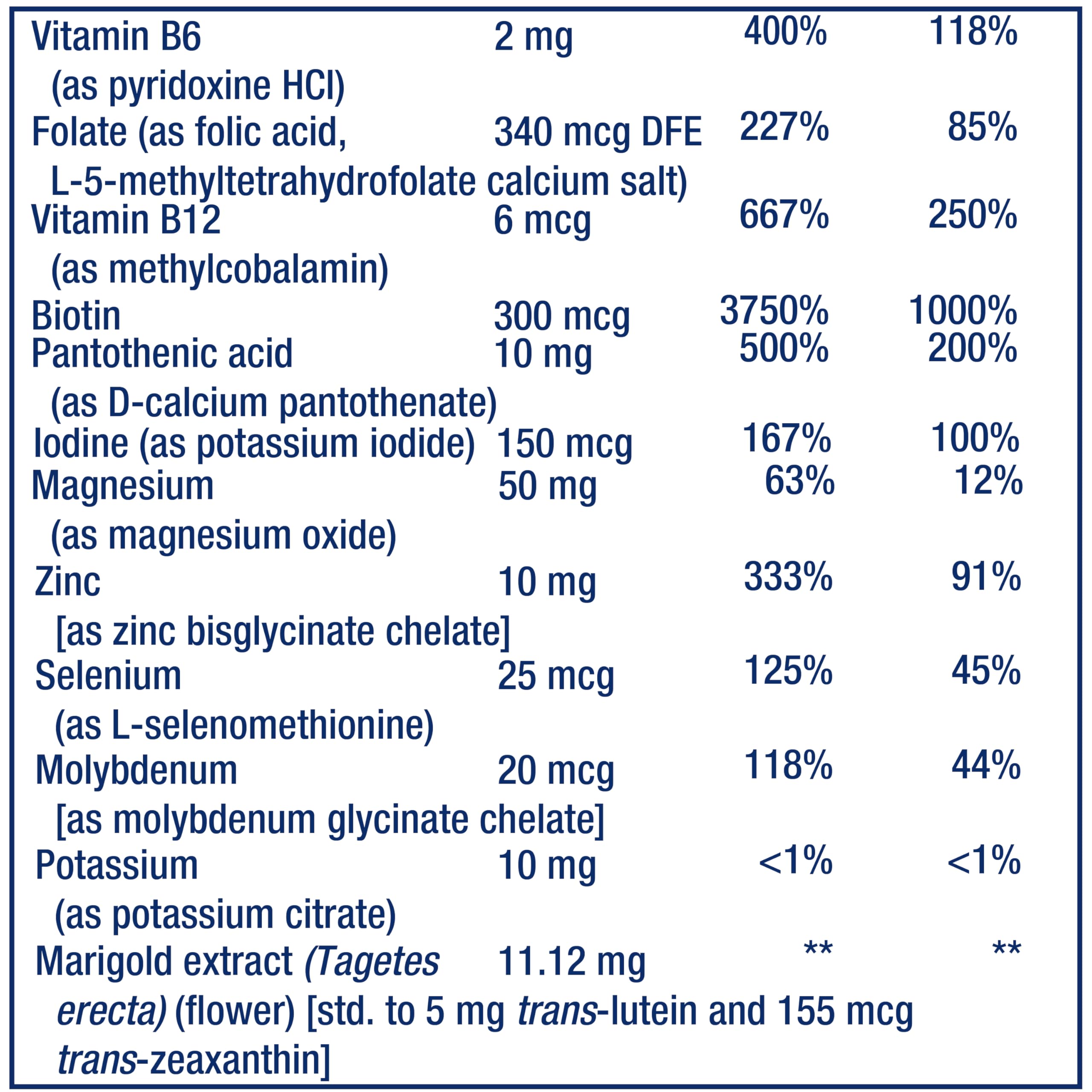 Life Extension etiqueta nutricional enfocada para ver ingredientes clave