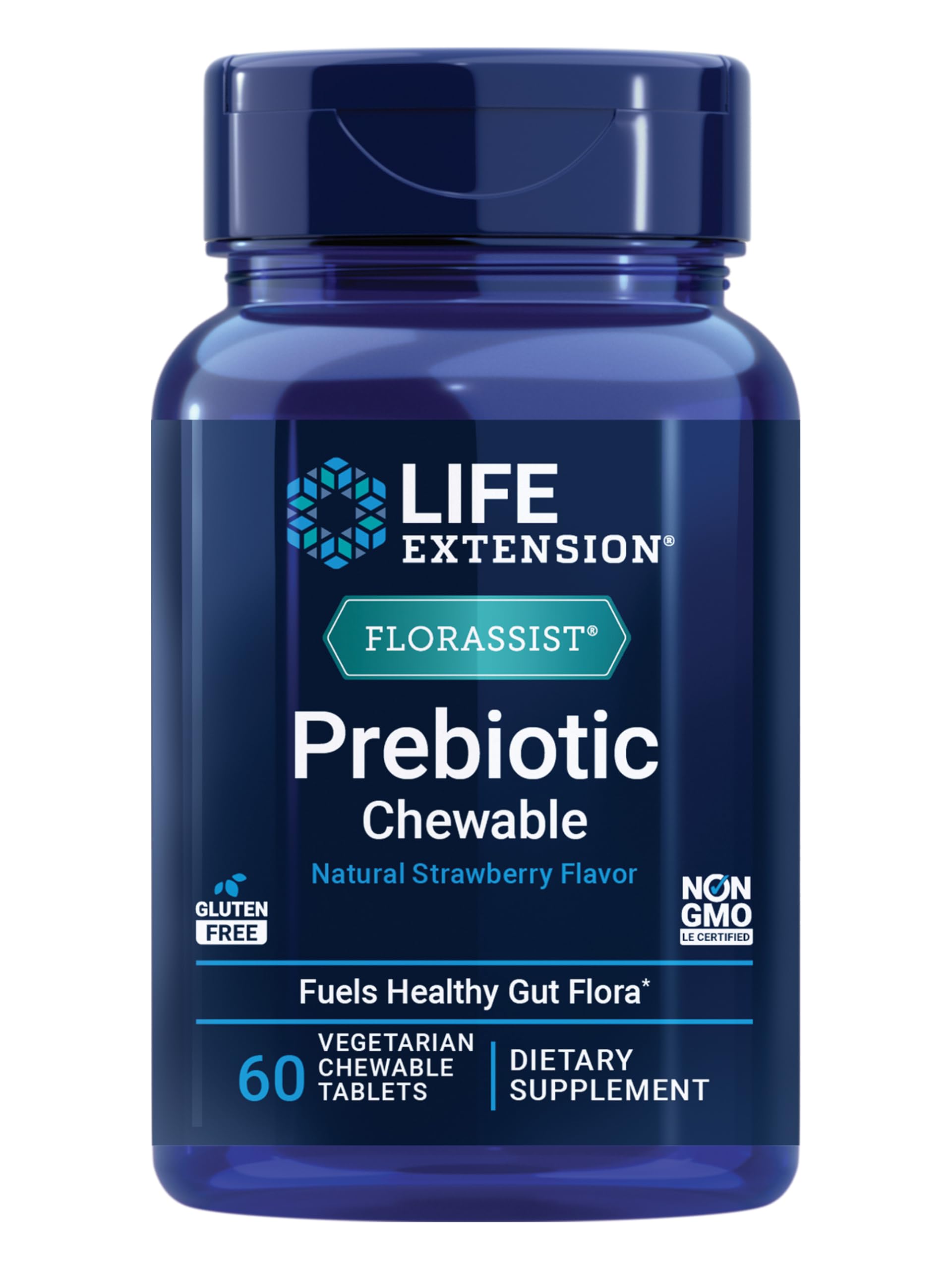 Life Extension frasco frontal mostrando 60 comprimidos masticables beneficio conveniencia