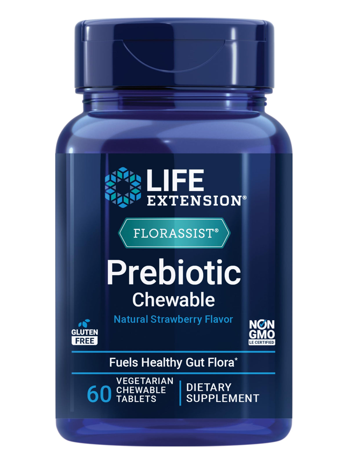 Life Extension frasco frontal mostrando 60 comprimidos masticables beneficio conveniencia