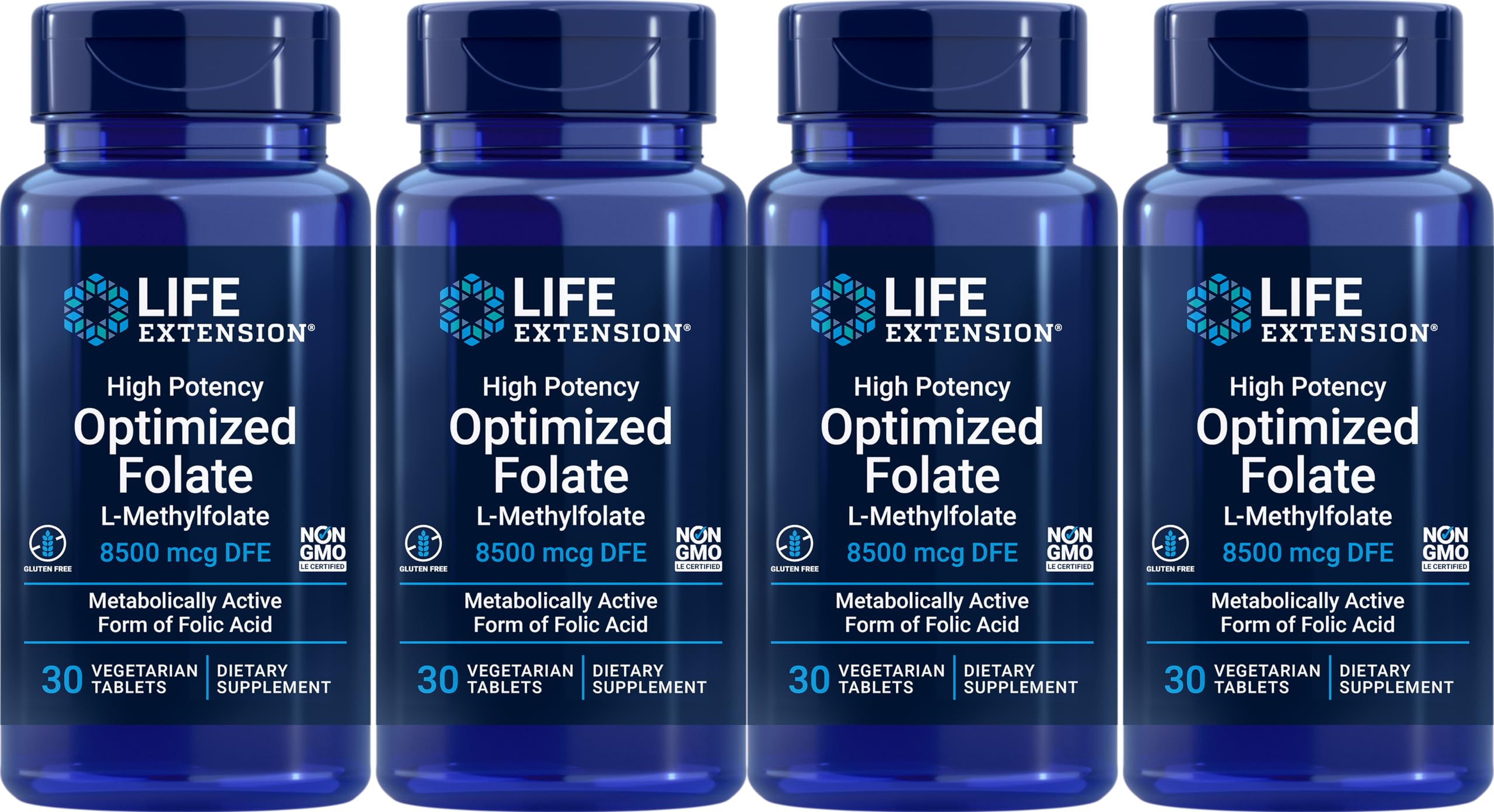 Life Extension frasco frontal del folato optimizado mostrando la etiqueta y el conteo, ideal para abastecimiento prolongado