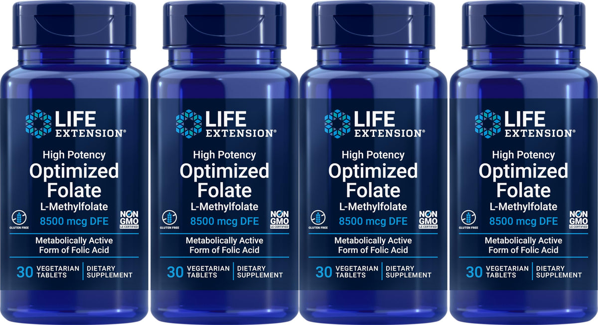Life Extension frasco frontal del folato optimizado mostrando la etiqueta y el conteo, ideal para abastecimiento prolongado