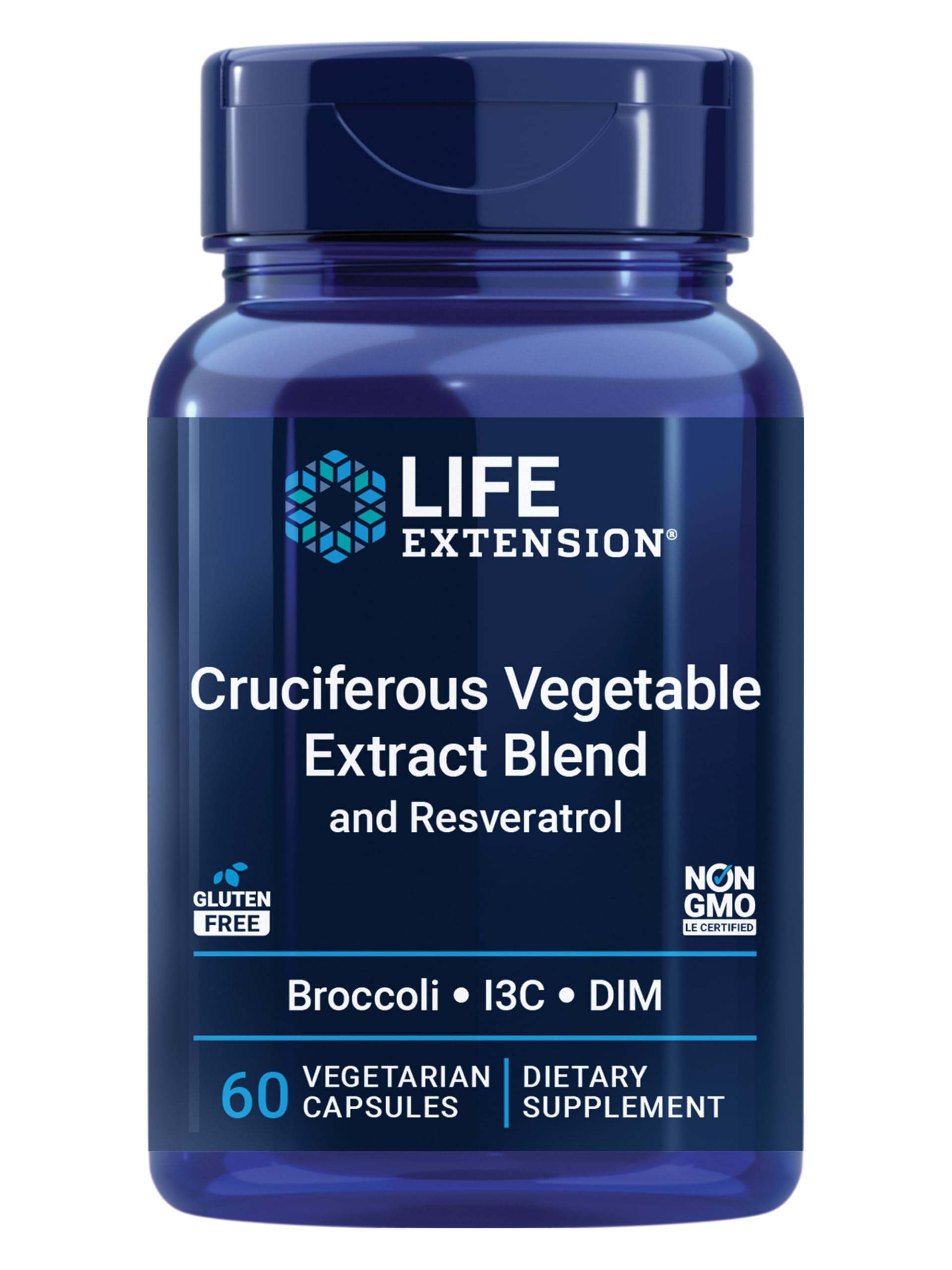 Life Extension frasco delantero mostrando etiqueta y beneficio de apoyo hormonal