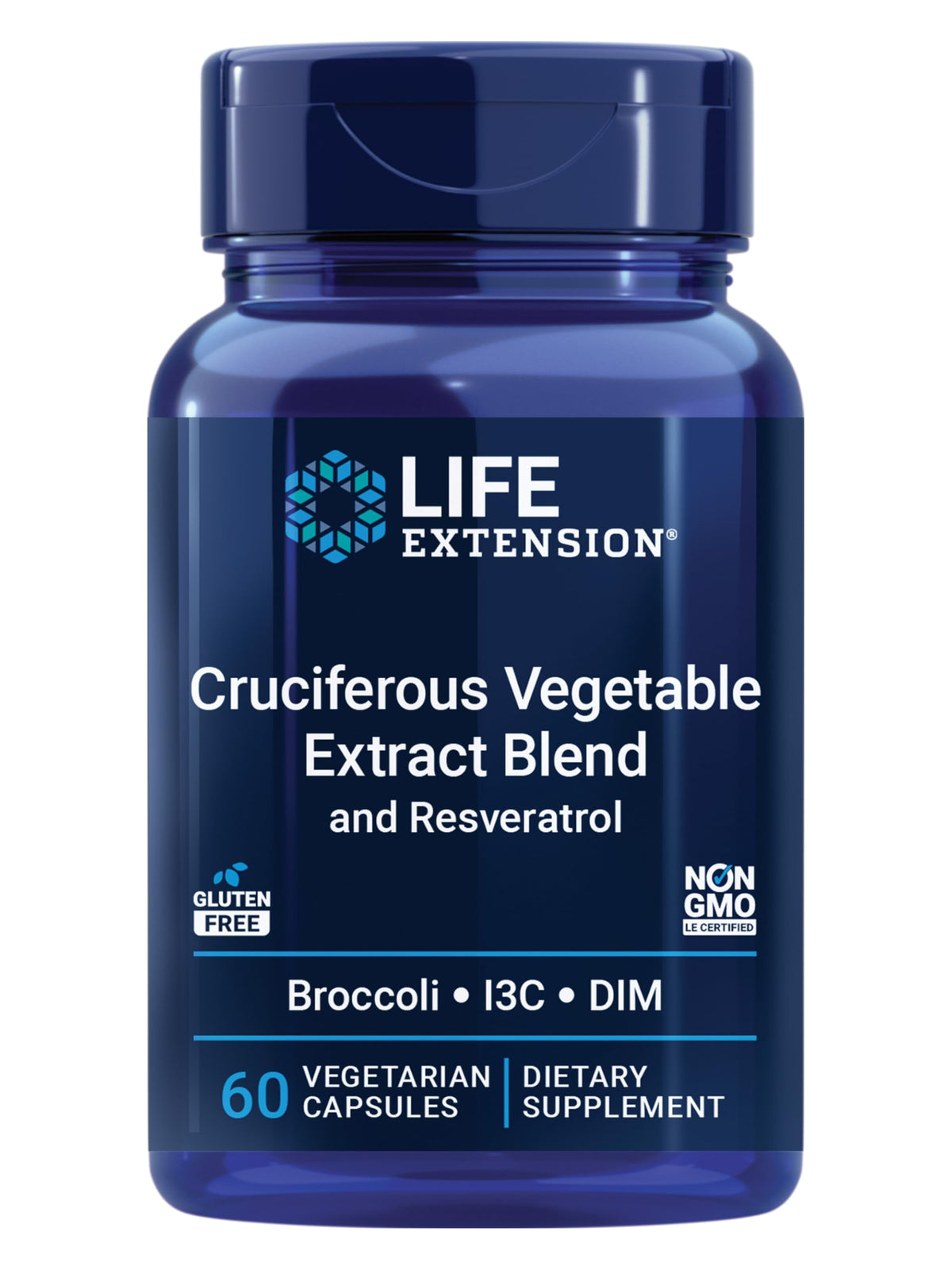 Life Extension frasco delantero mostrando etiqueta y beneficio de apoyo hormonal