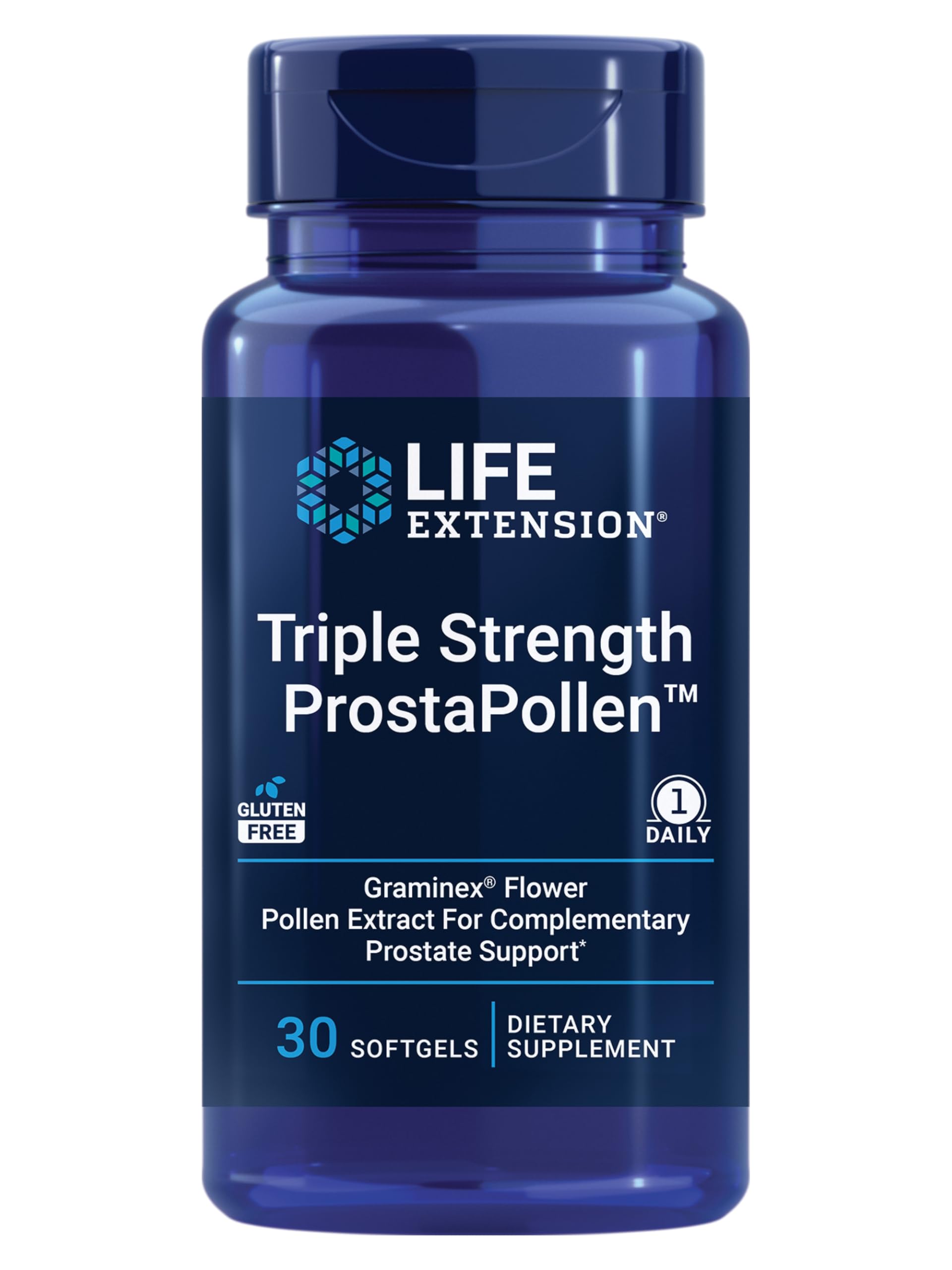 Life Extension frasco frontal mostrando el envase y beneficio de apoyo prostático
