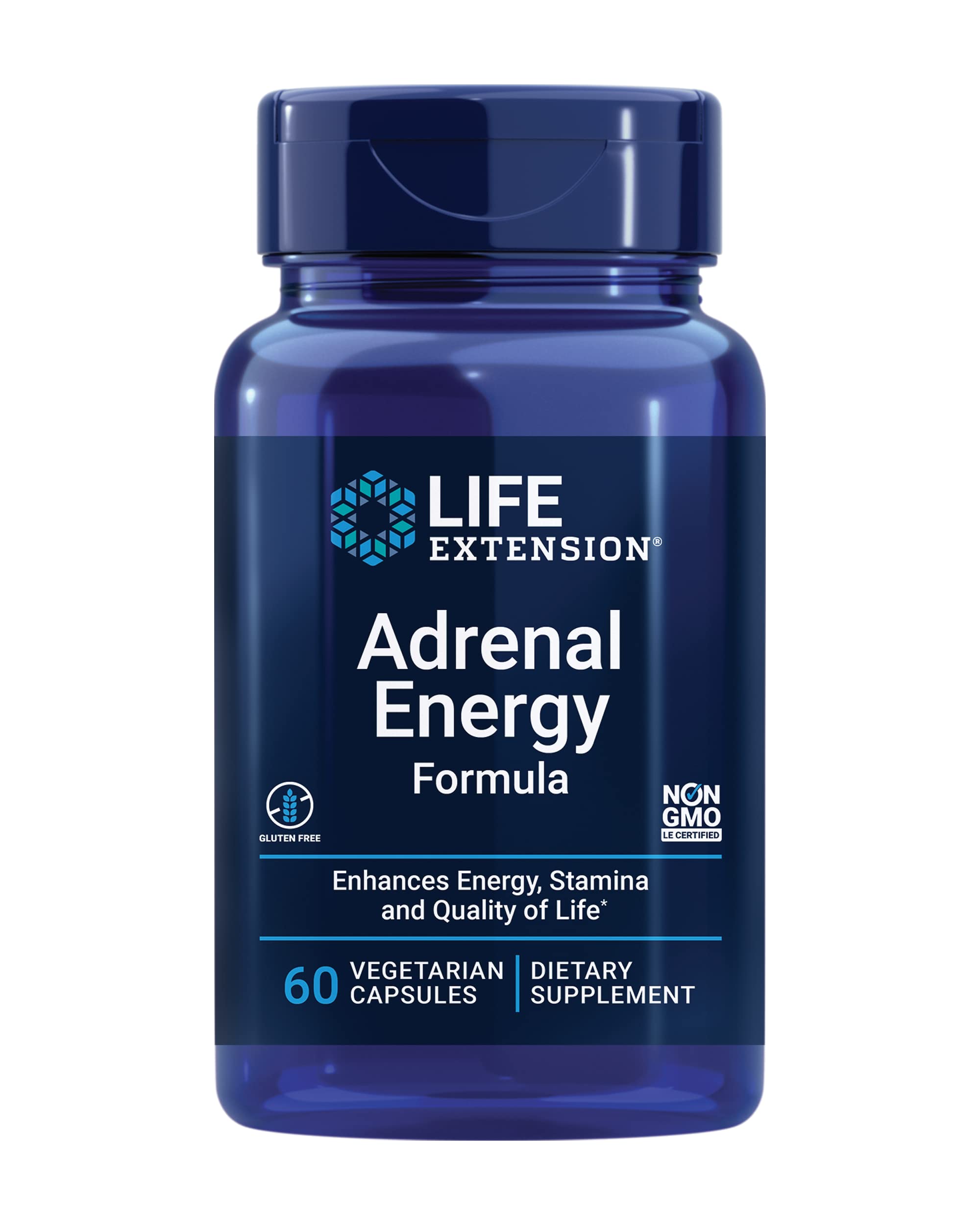 Life Extension frasco frontal de Adrenal Energy mostrando diseño y cantidad