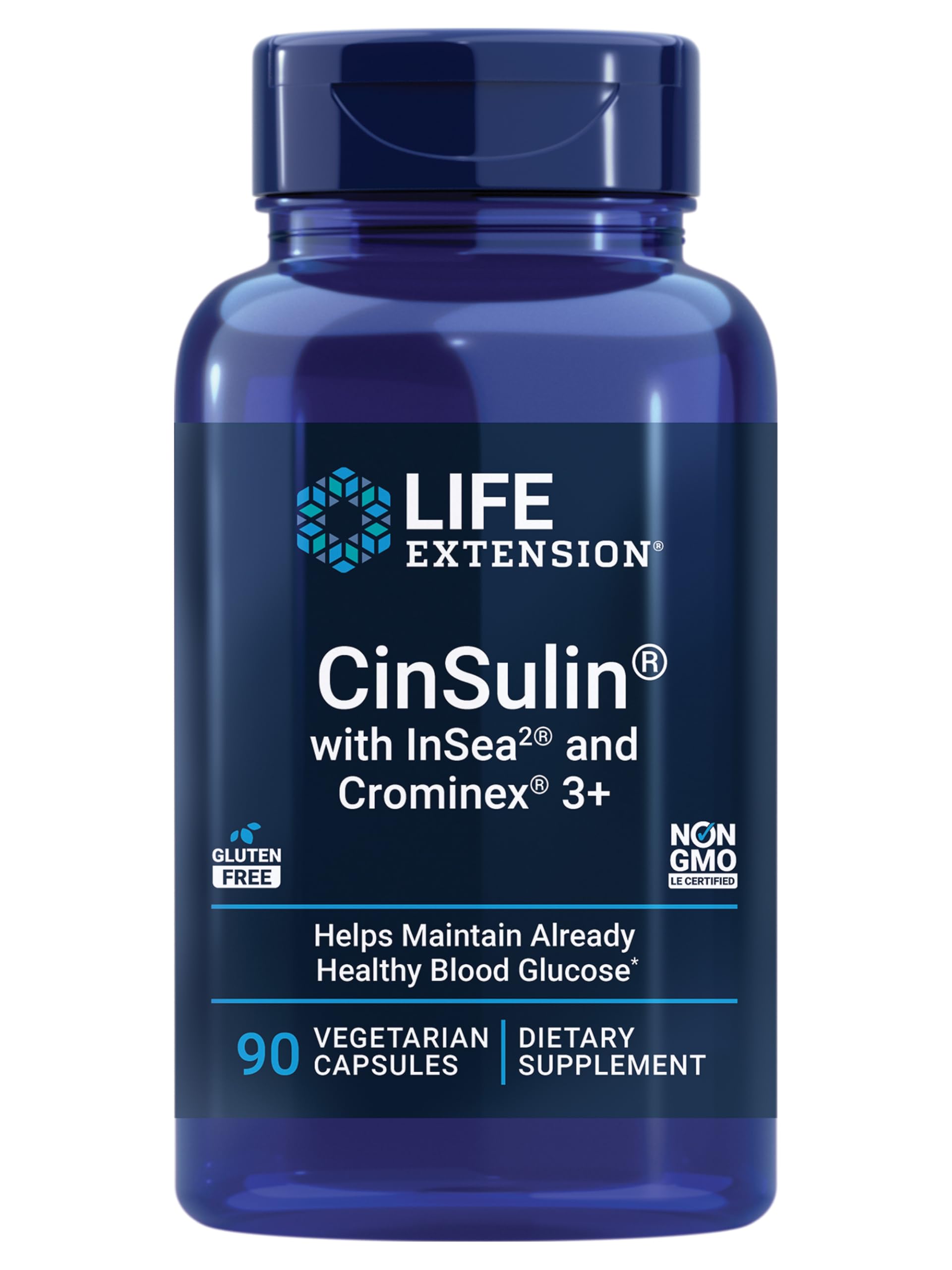 Life Extension frasco frontal de CinSulin con etiqueta clara y beneficios