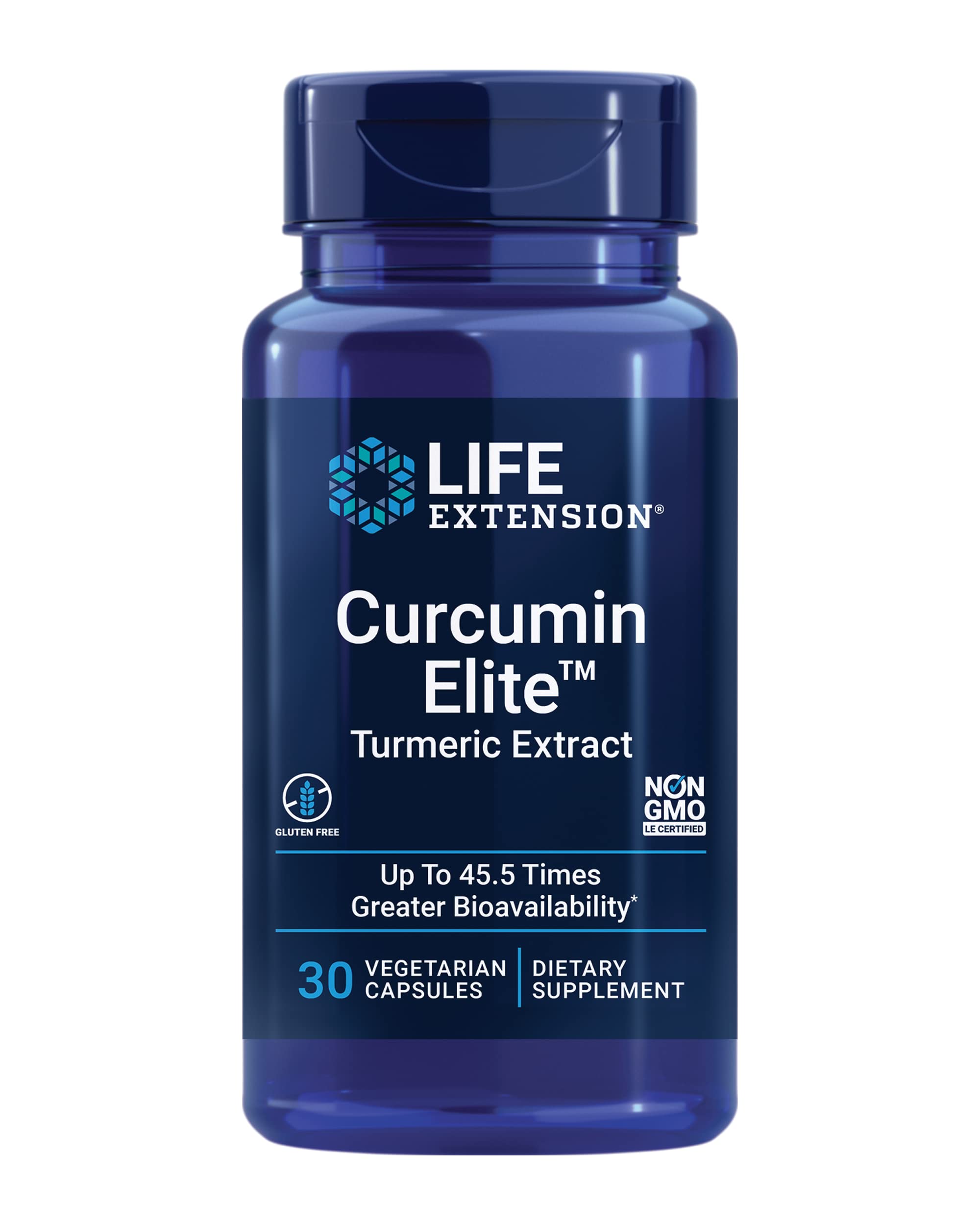 Life Extension frasco frontal mostrando Curcumin Elite y beneficios claros