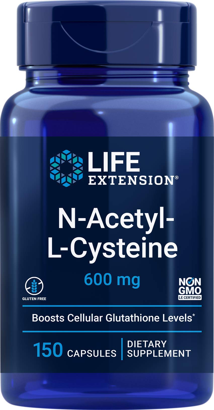 Life Extension frasco frontal de NAC 600 mg mostrando el envase y cantidad