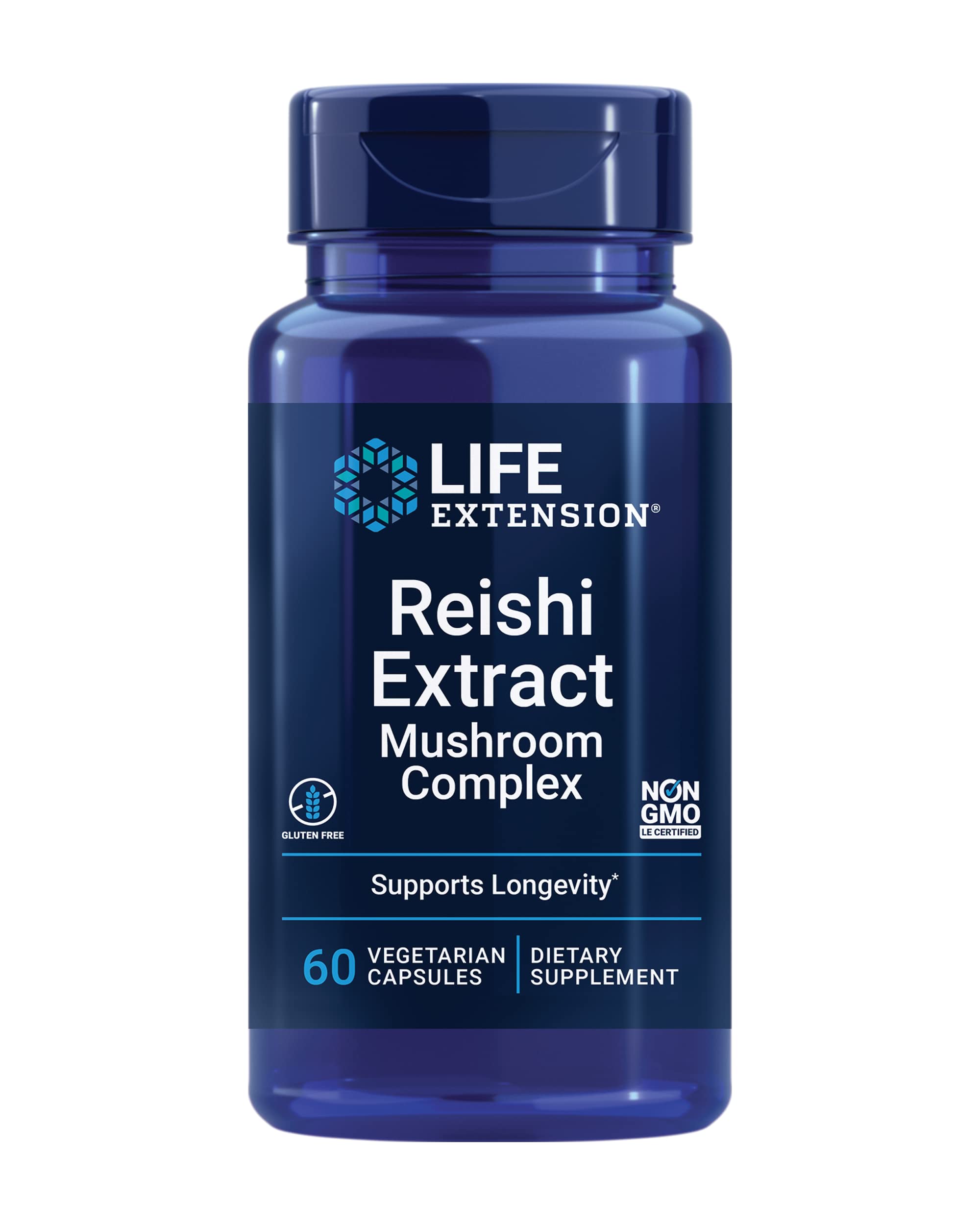 Life Extension frasco frontal del Reishi con etiquetas claras y beneficios