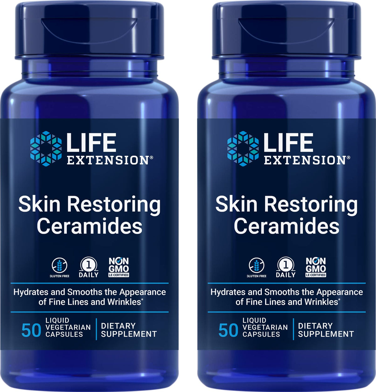 Life Extension frasco frontal de Skin Restoring Ceramides mostrando etiqueta clara y beneficios