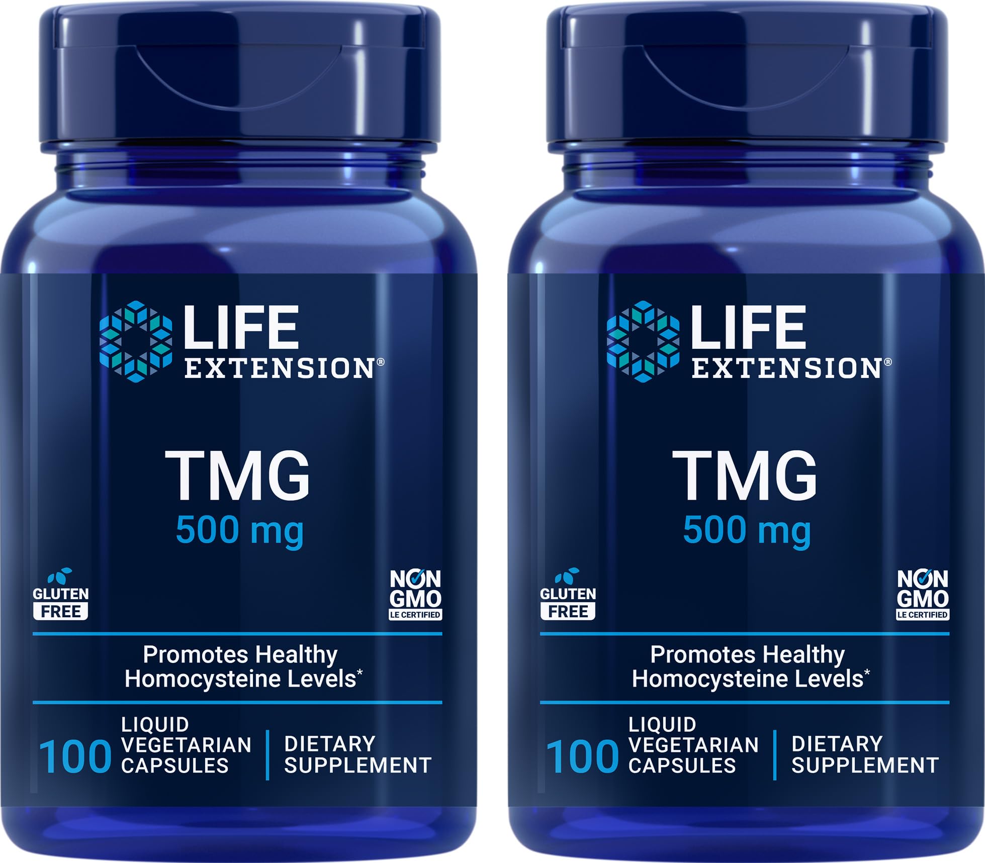 Life Extension frasco frontal TMG mostrando la marca y formato vegetariano