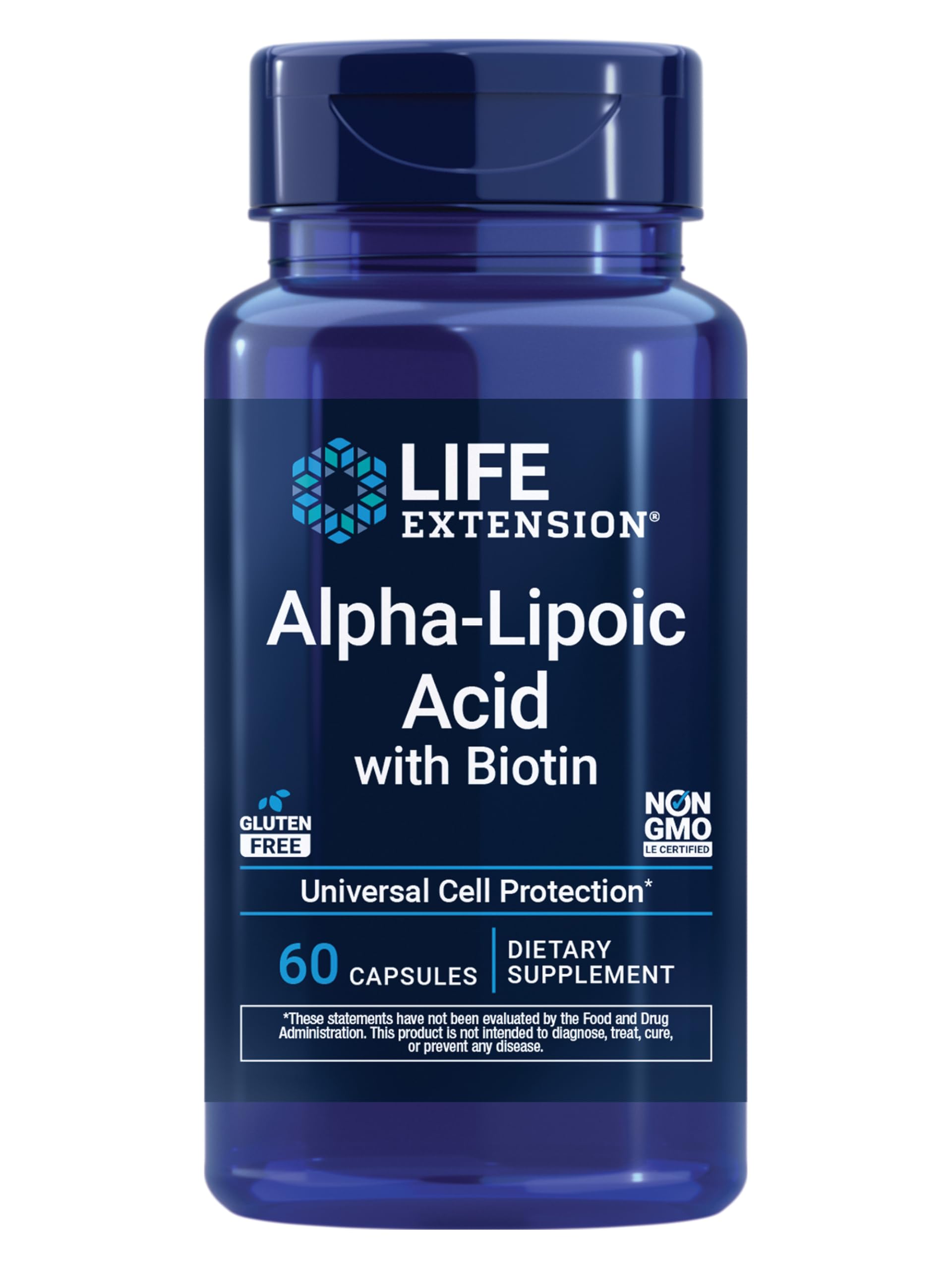 Life Extension frasco frontal mostrando 60 cápsulas y etiqueta clara, confianza de marca
