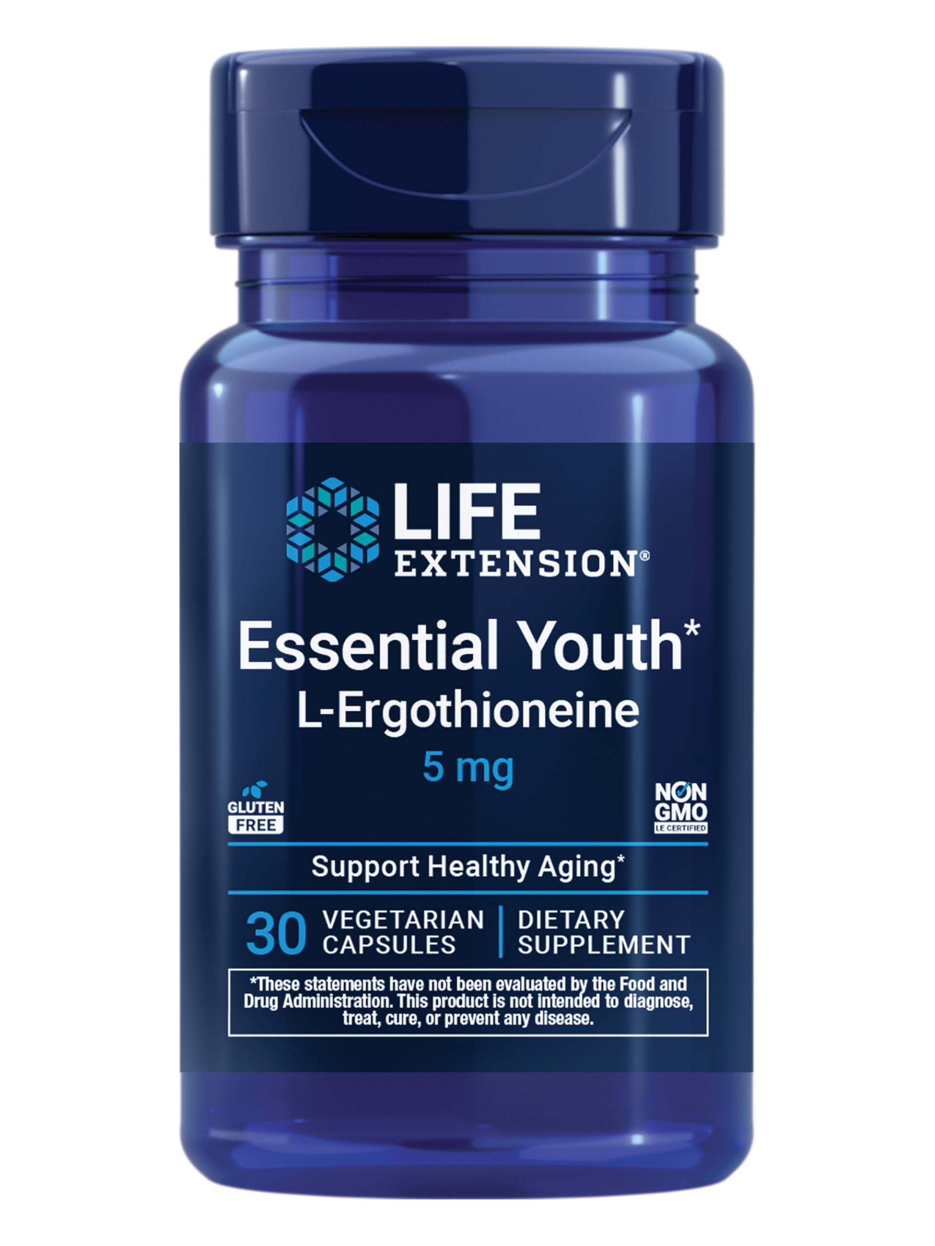 Life Extension frasco frontal mostrando 30 cápsulas y sello no-GMO como beneficio