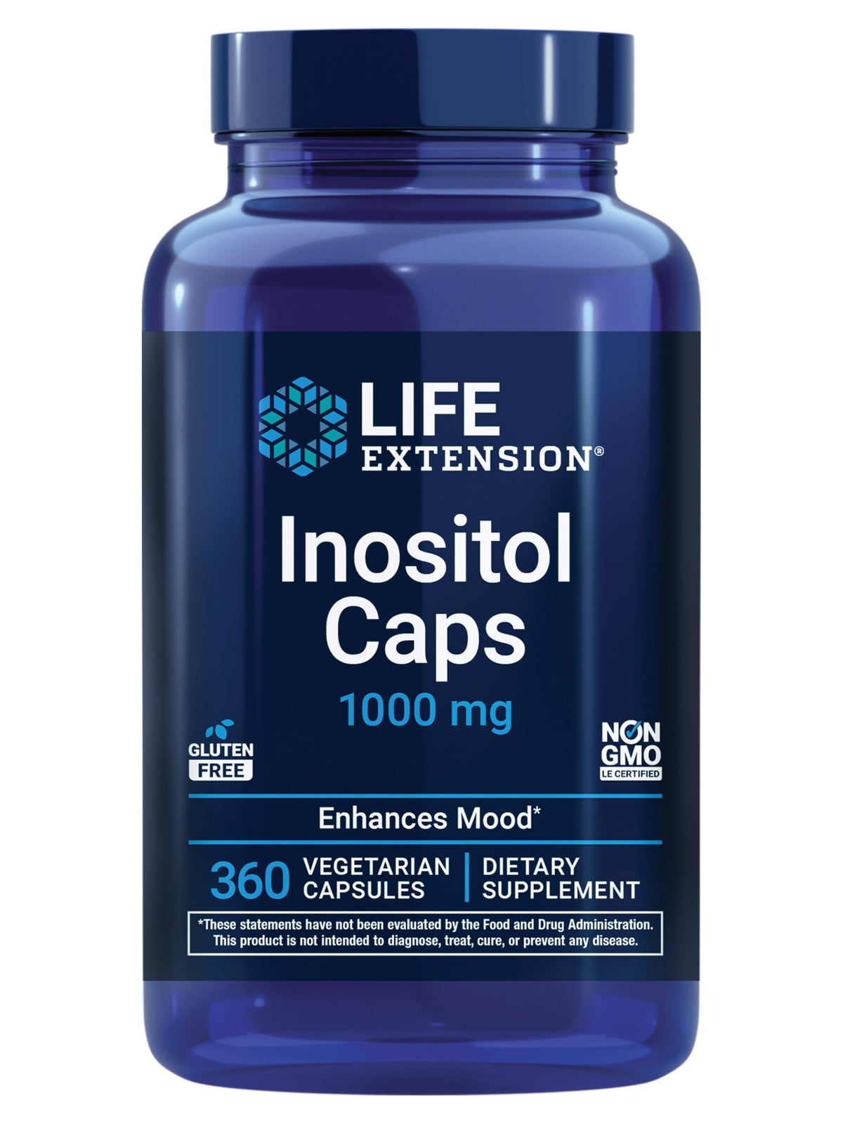 Life Extension frasco frontal mostrando 360 cápsulas y etiqueta clara para duración prolongada