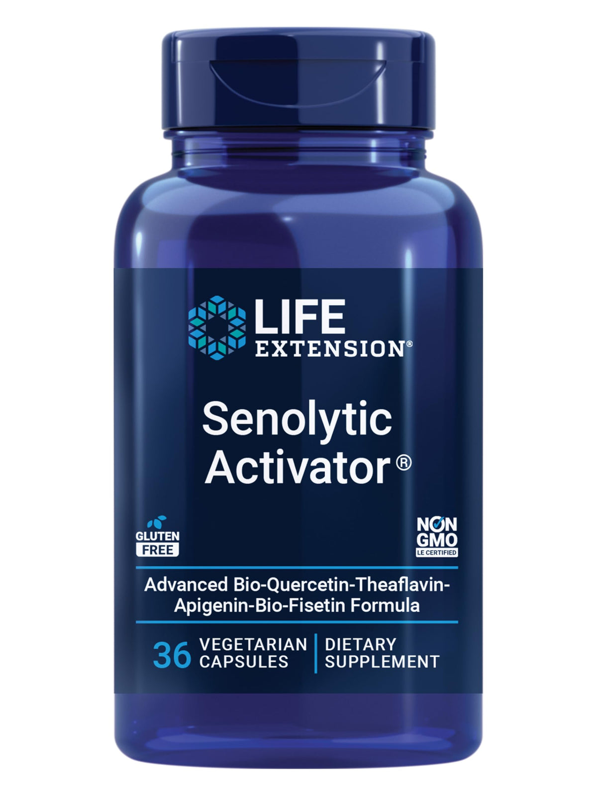 Life Extension frasco principal de Senolytic Activator mostrando etiquetas y beneficios