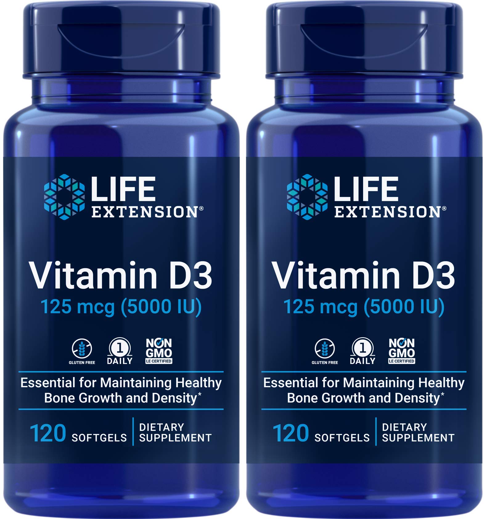 Life Extension frascos frontales mostrando el pack doble y conveniencia prolongada
