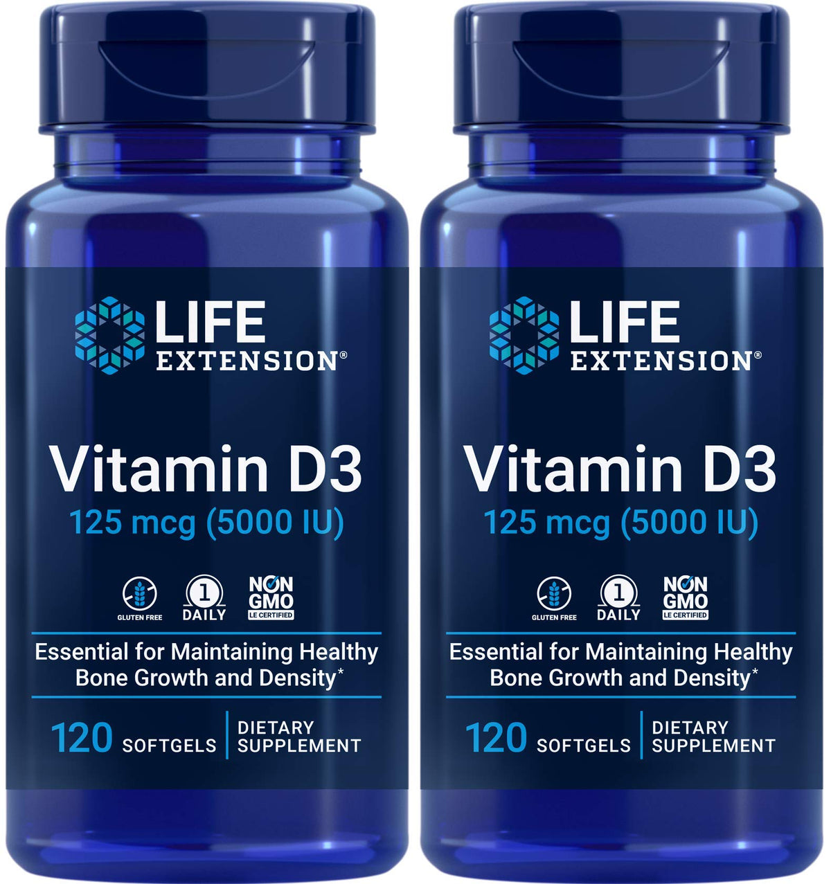 Life Extension frascos frontales mostrando el pack doble y conveniencia prolongada