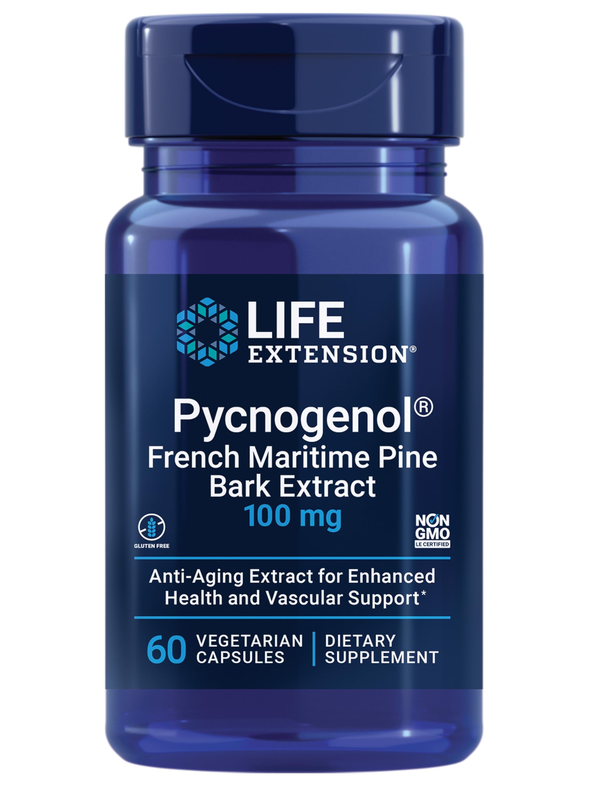 Life Extension frente del empaque Pycnogenol con etiqueta clara y beneficios visibles