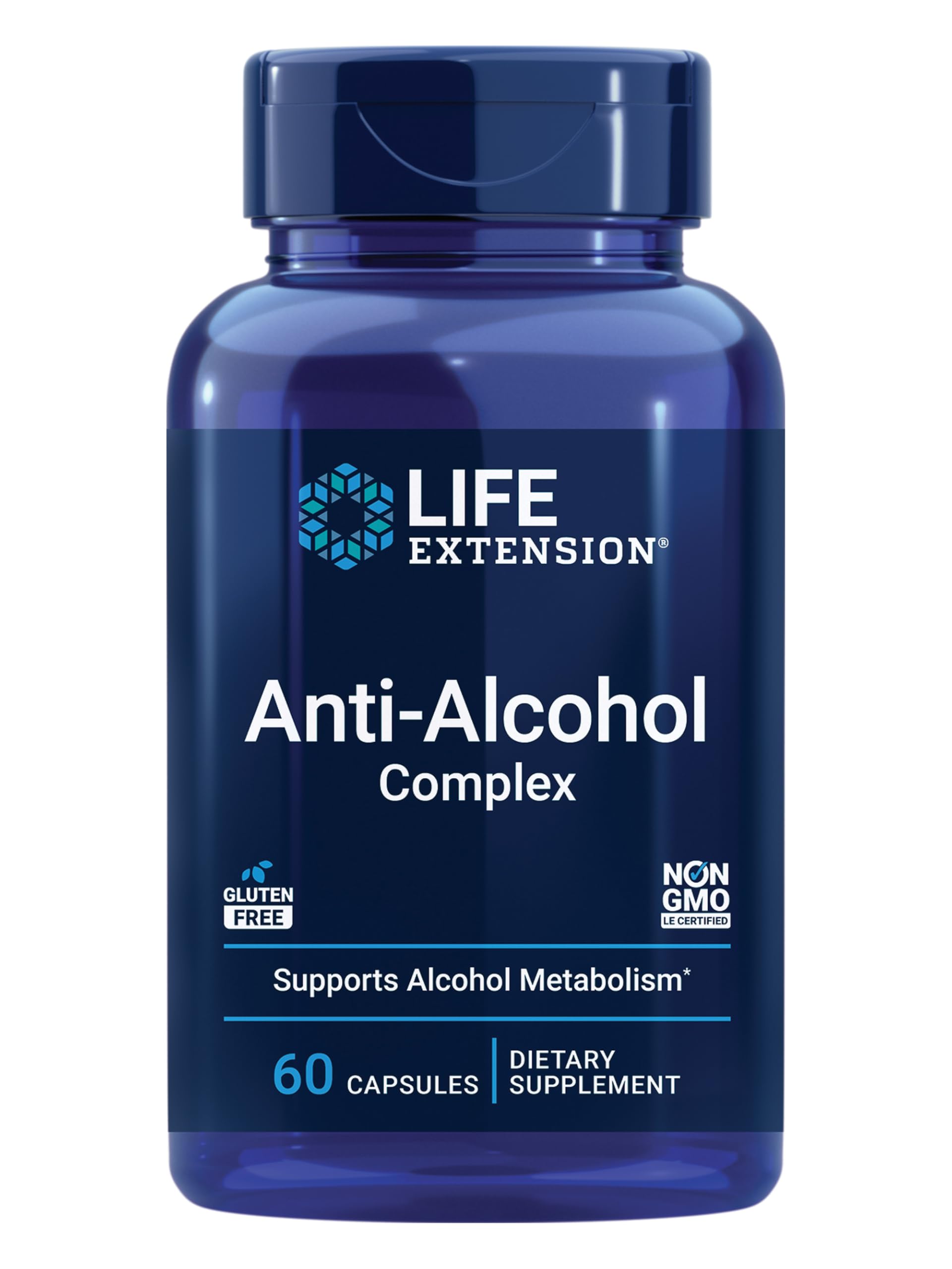 Life Extension envase Anti-Alcohol Complex mostrando etiquetado claro y beneficios