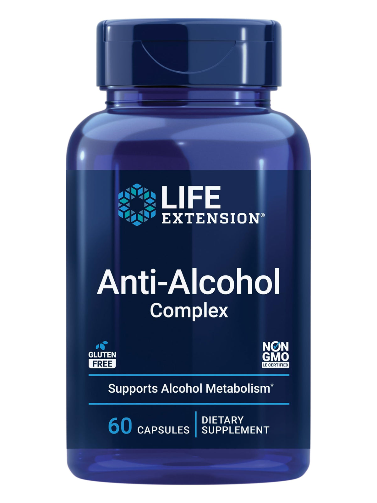 Life Extension envase Anti-Alcohol Complex mostrando etiquetado claro y beneficios