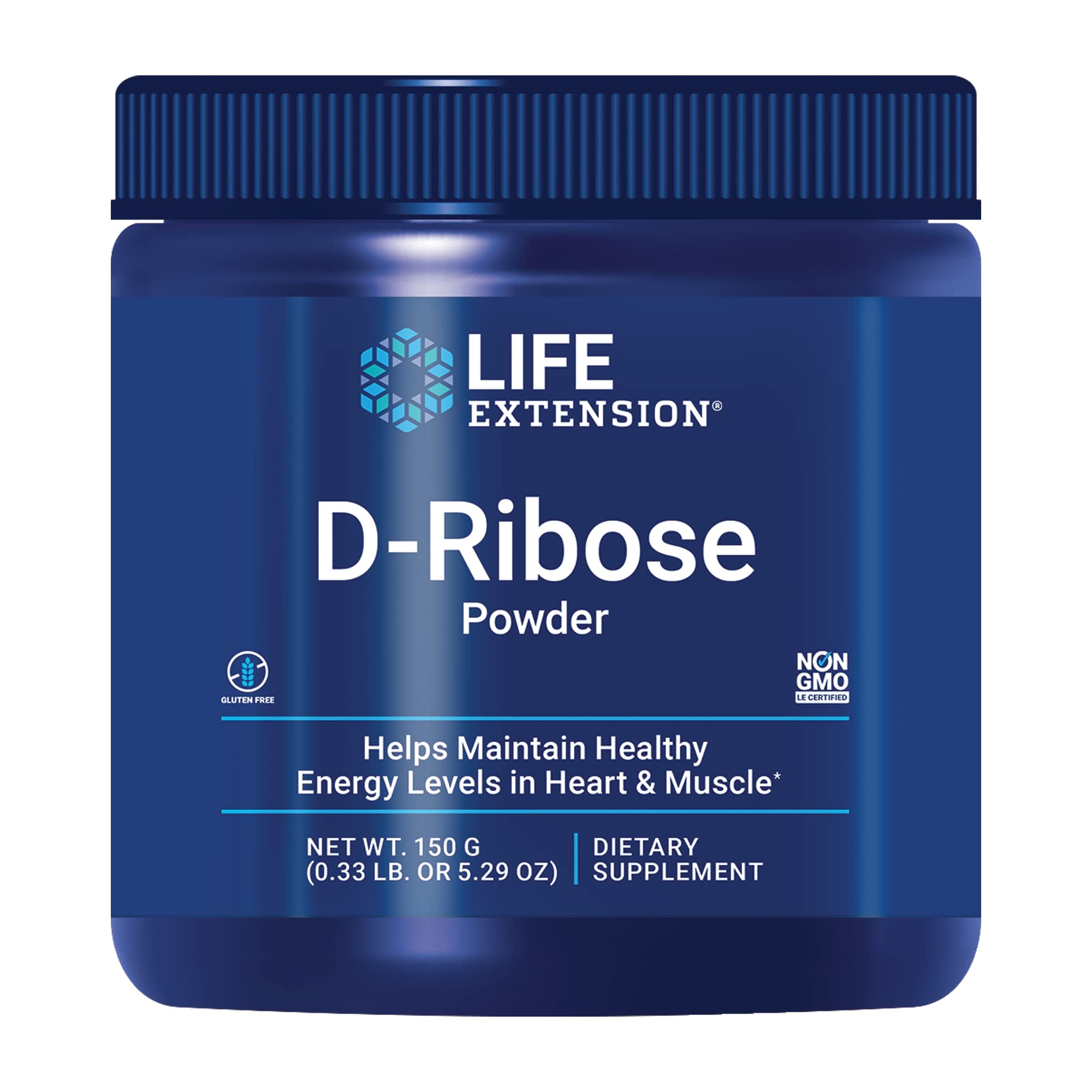 Life Extension envase frontal de D-ribosa mostrando claridad y beneficio energético