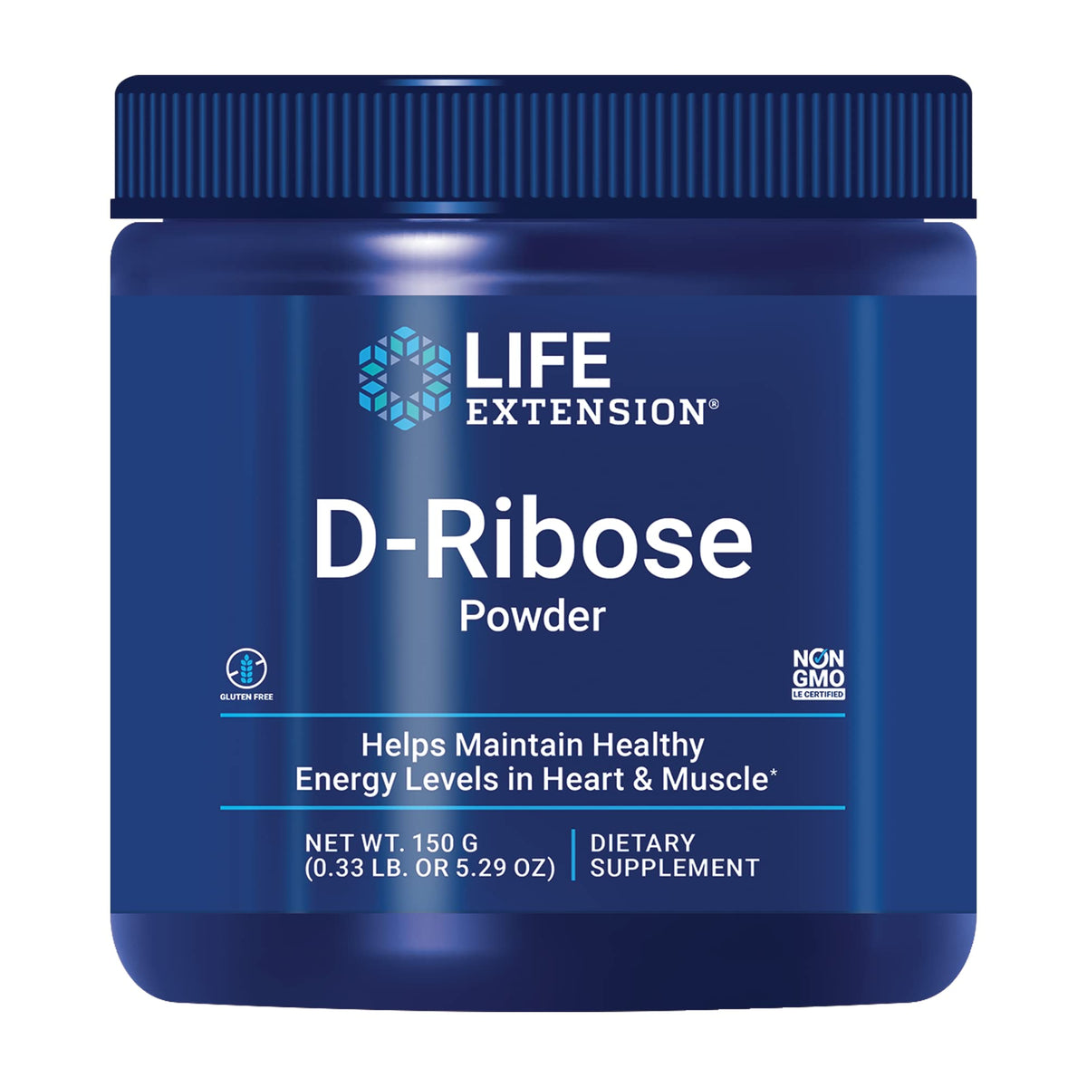 Life Extension envase frontal de D-ribosa mostrando claridad y beneficio energético