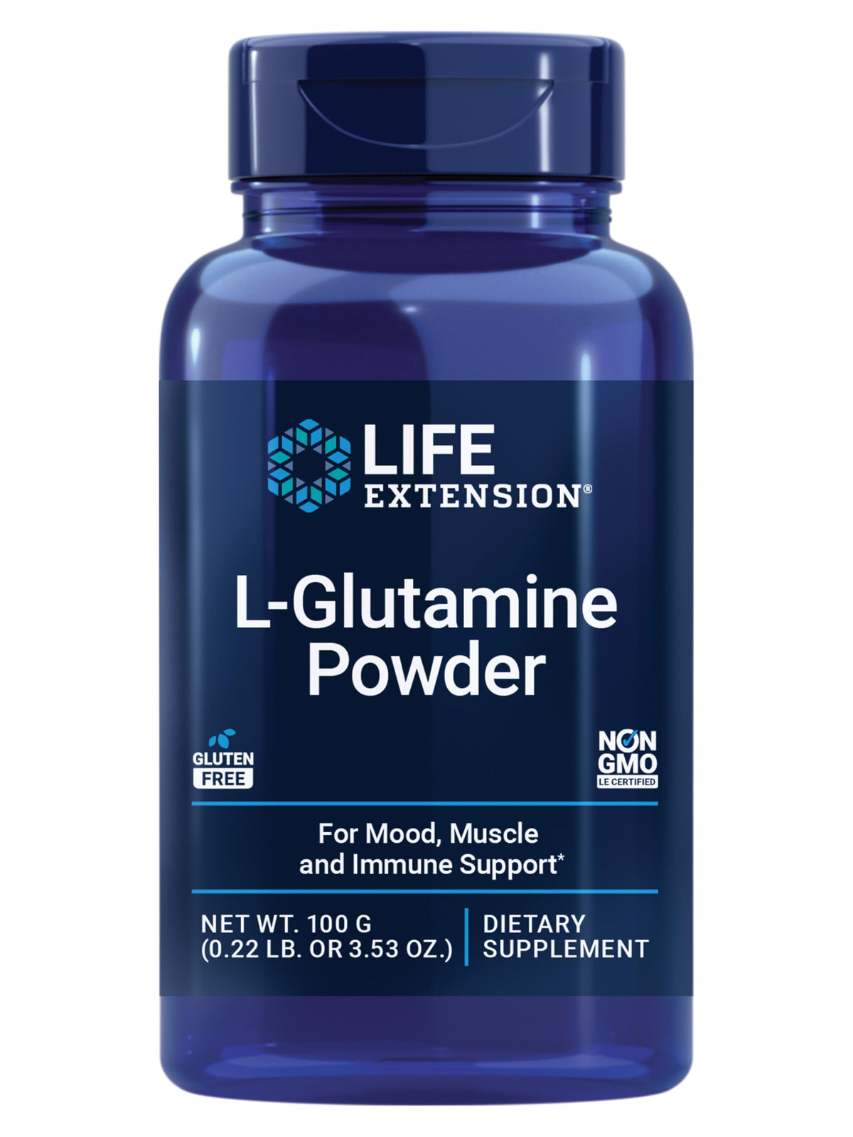 Life Extension envase frontal de L‑Glutamine que muestra pureza y marca