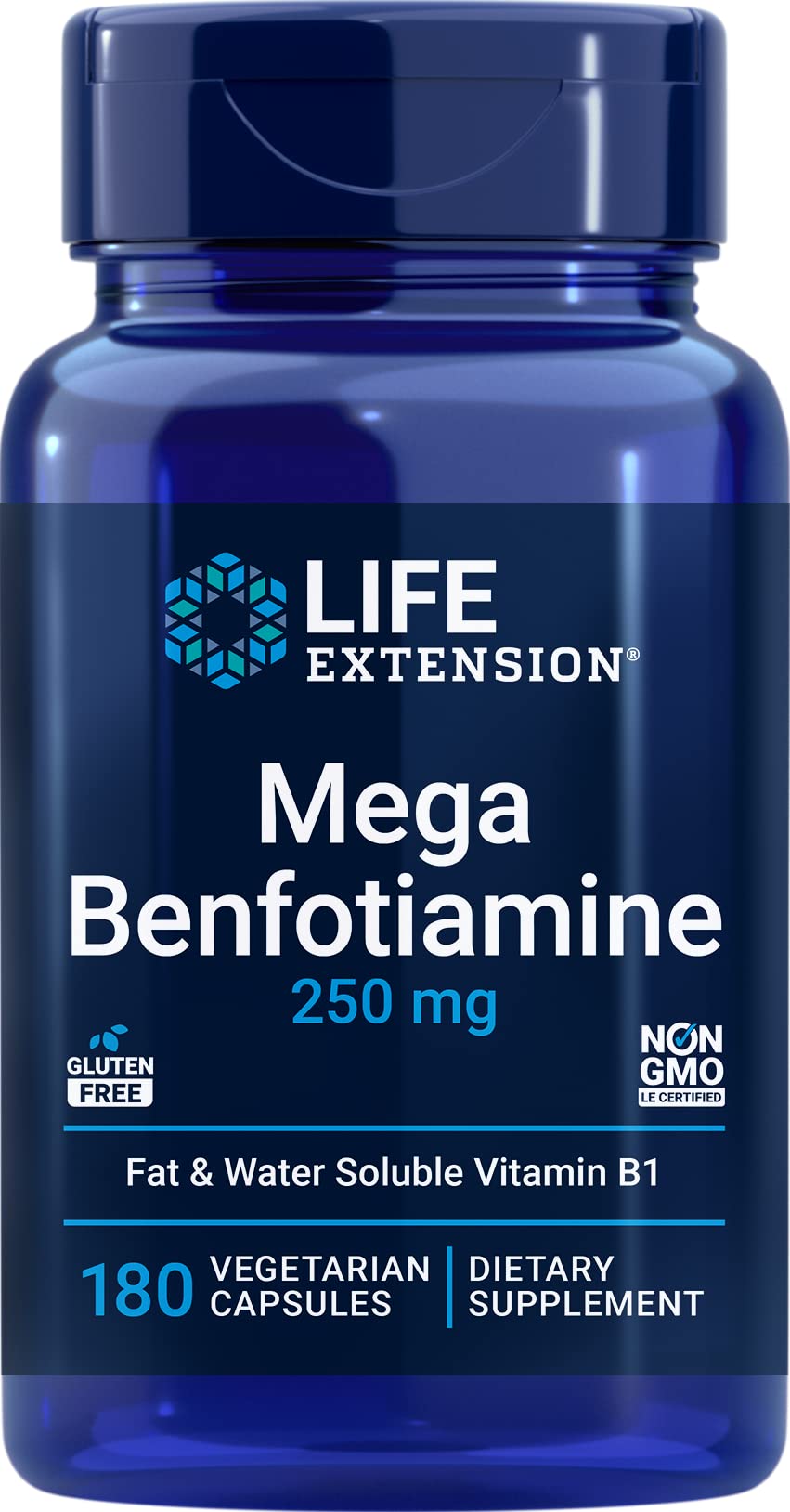 Life Extension frente del envase mostrando Mega Benfotiamine y dosis