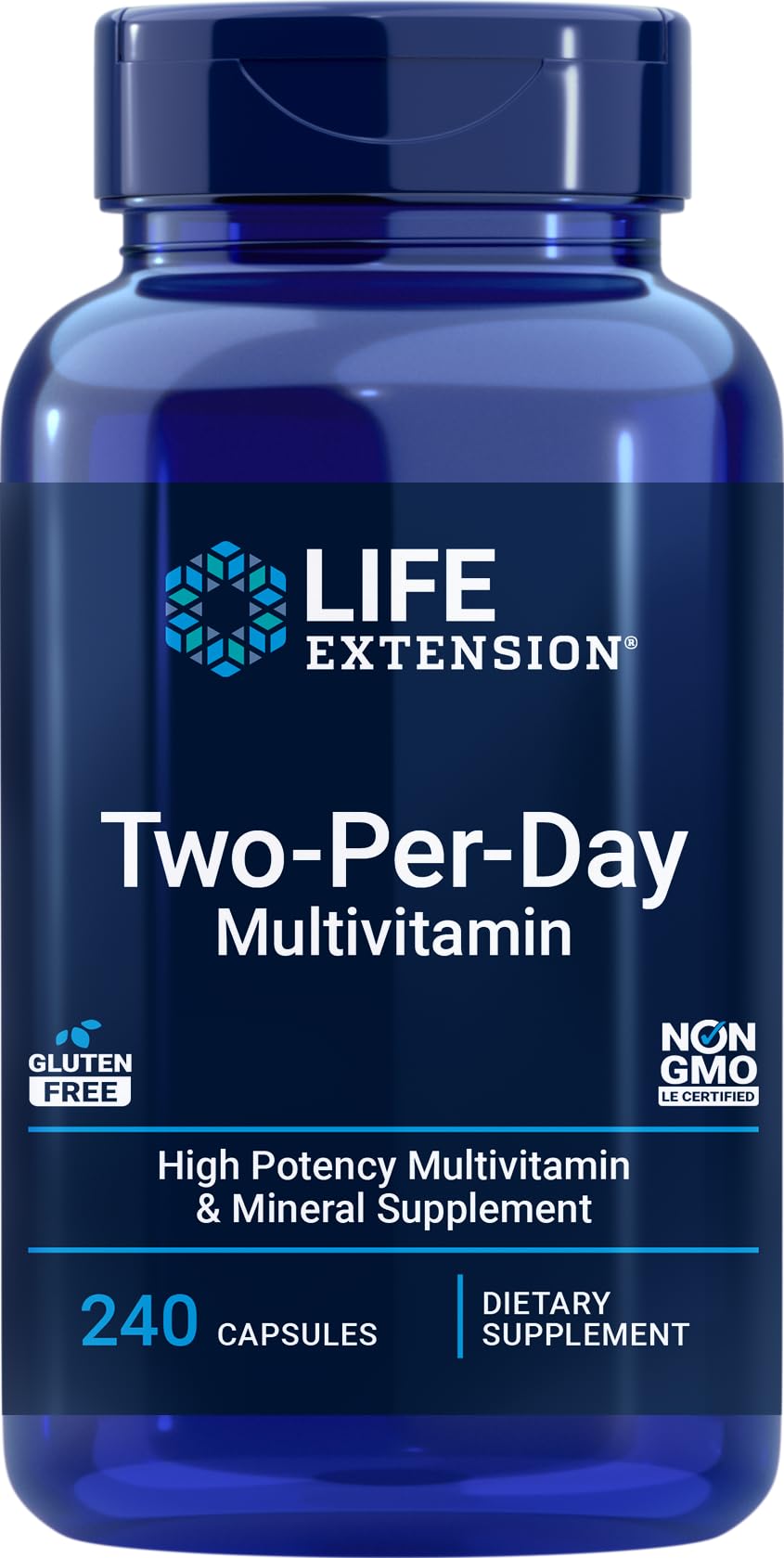 Life Extension frasco frontal mostrando etiqueta y cantidad 240 cápsulas, confianza visual