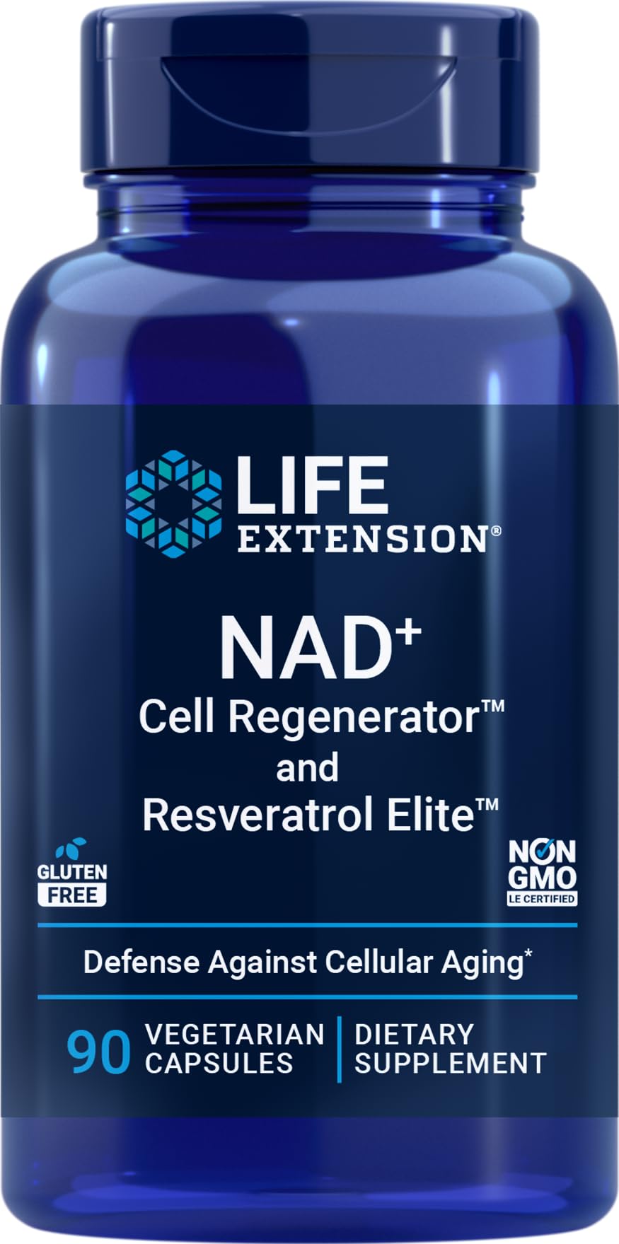 Life Extension envase frontal mostrando 90 cápsulas y etiquetado claro para información