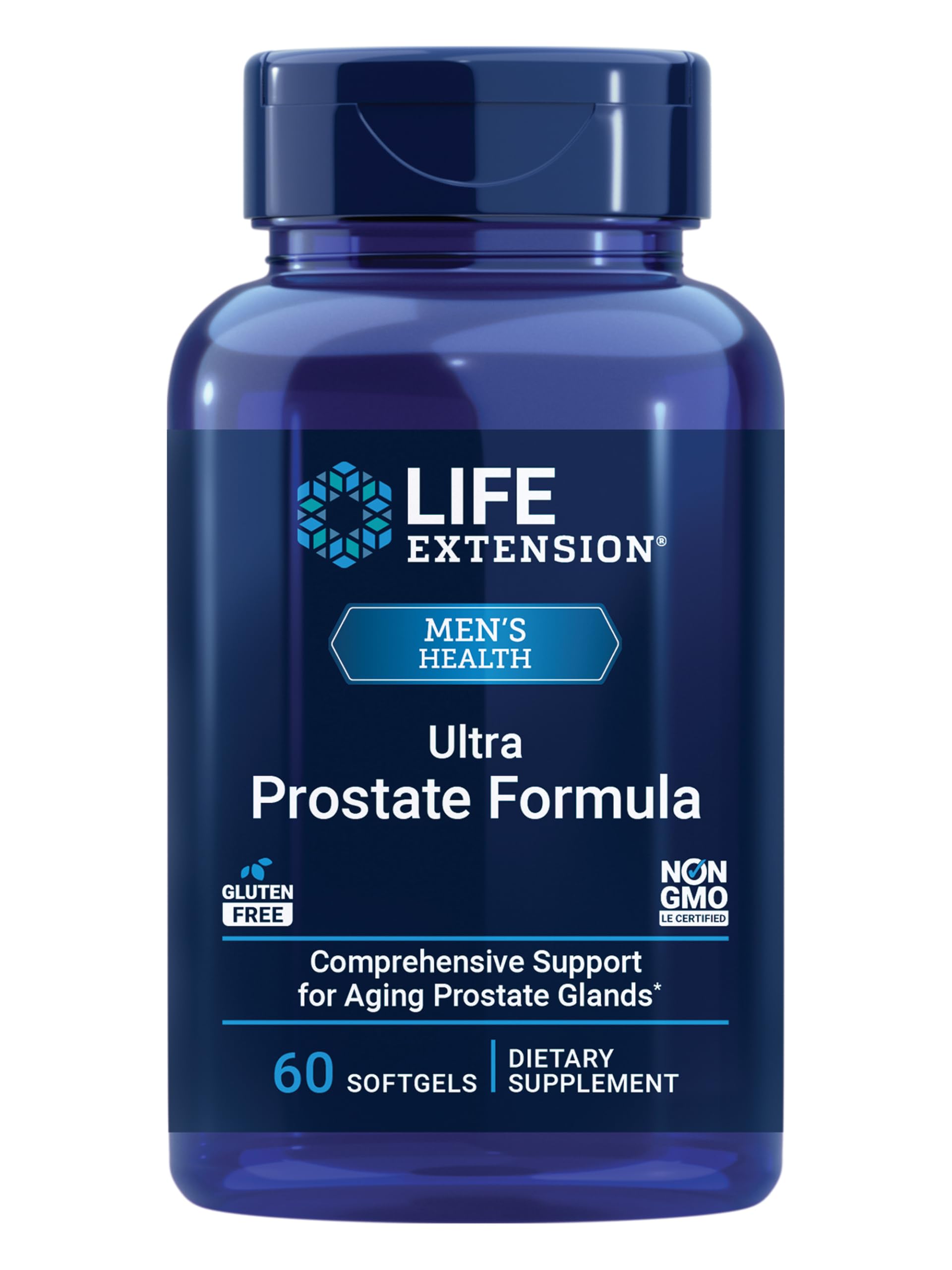 Life Extension frasco frontal mostrando Ultra Prostate Formula y beneficios