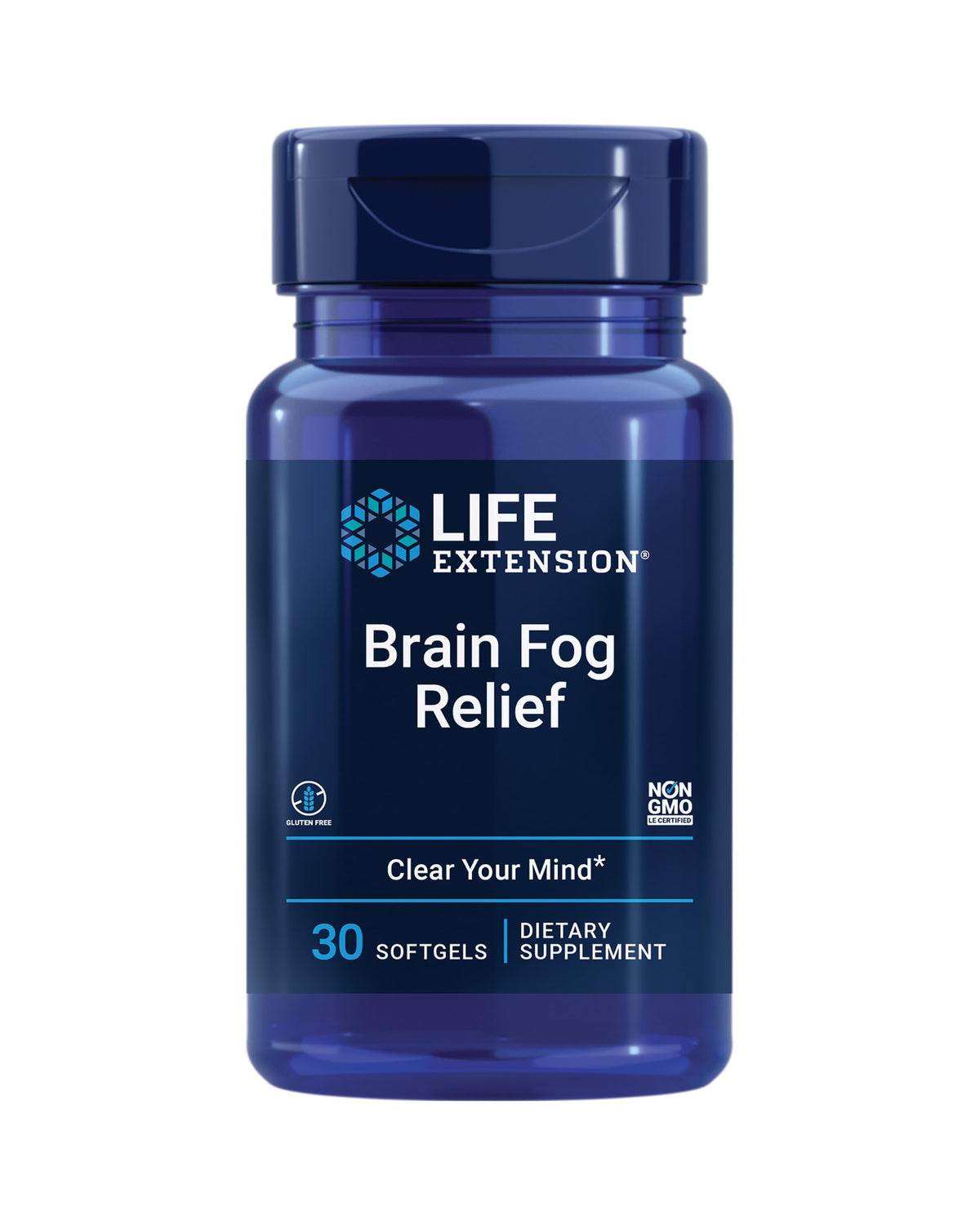 Life Extension envase frontal mostrando 30 softgels y beneficios para enfoque