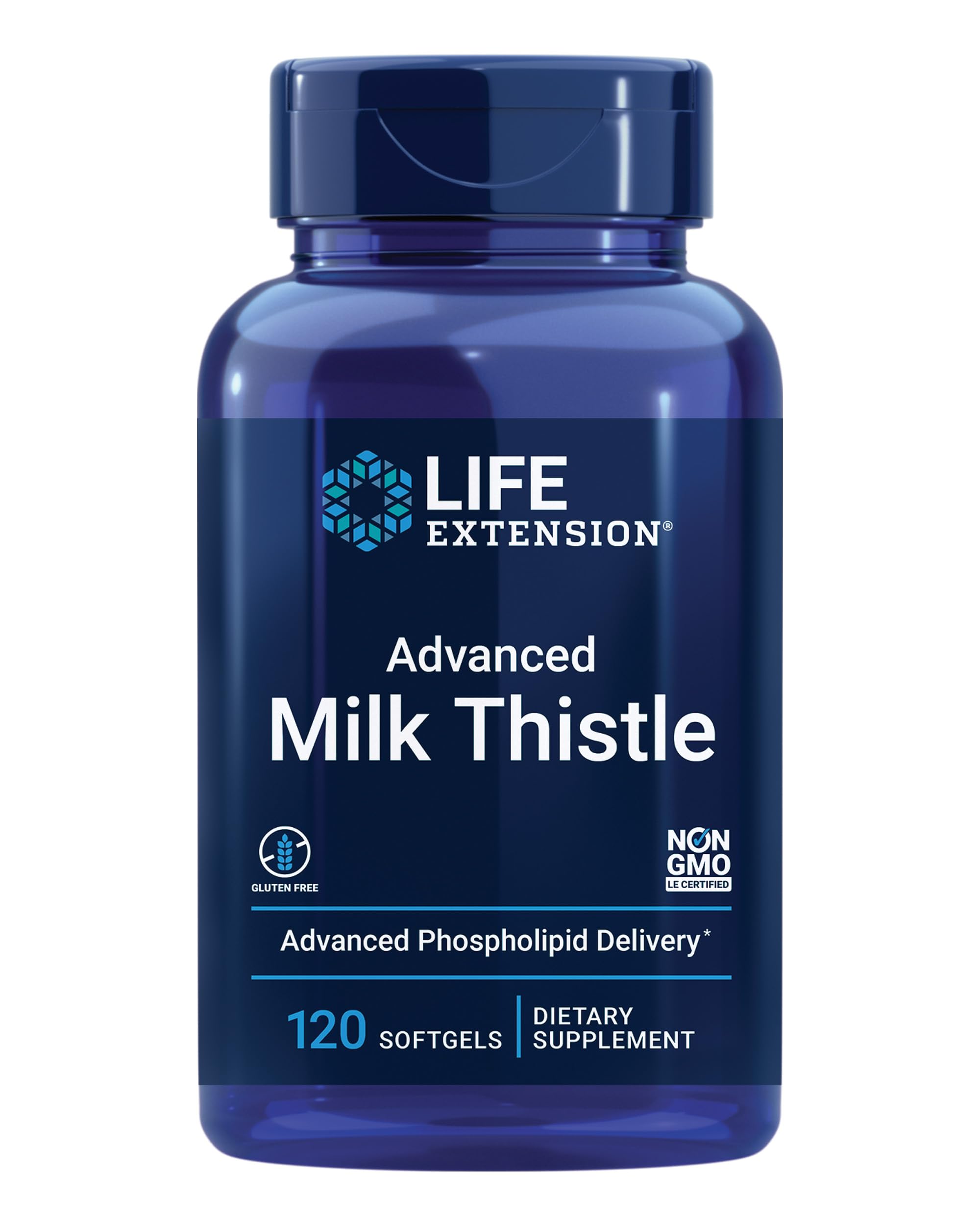 Life Extension envase frontal de Advanced Milk Thistle mostrando 120 softgels y beneficio de soporte hepático