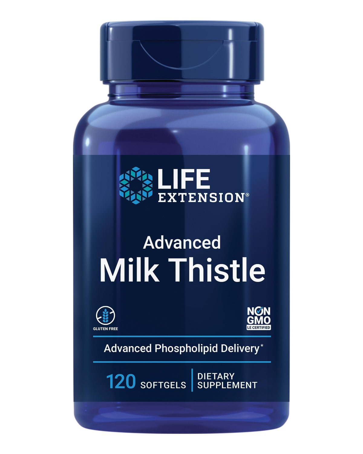 Life Extension envase frontal de Advanced Milk Thistle mostrando 120 softgels y beneficio de soporte hepático
